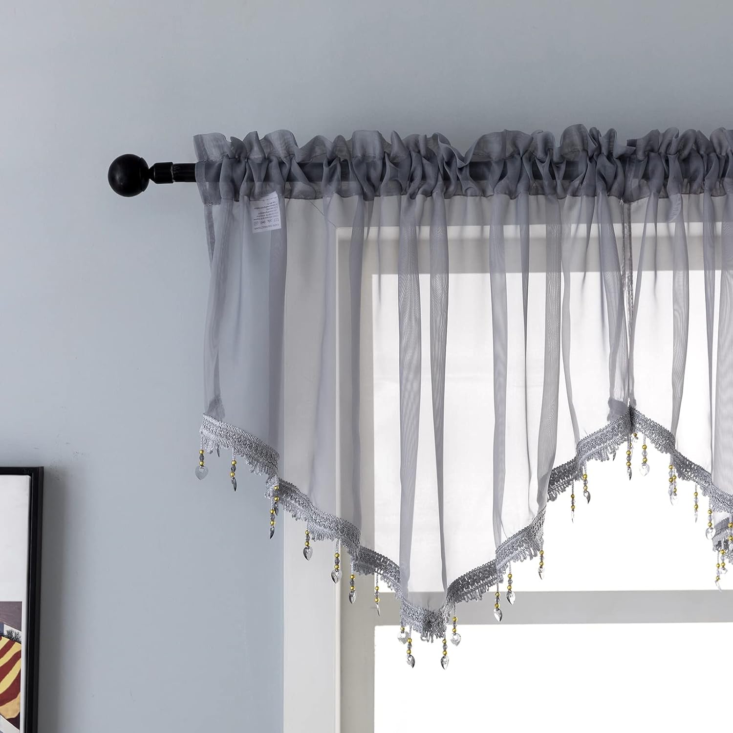 Beaded Sheer Curtain Valance for Bedroom Living Room 51x24 Inches Grey 1PC