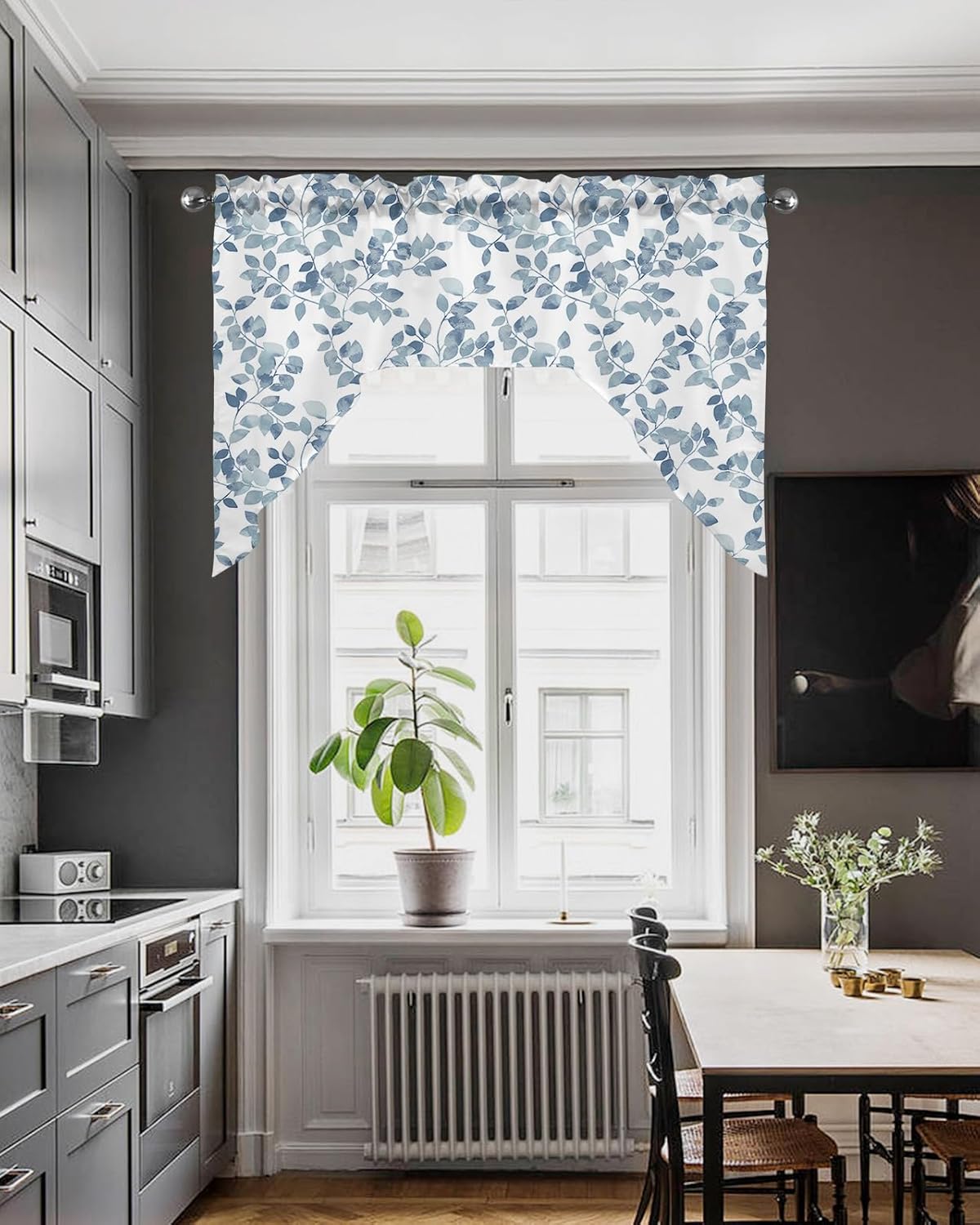 Blue Leaves Swag Valance Kitchen Curtains 56x36