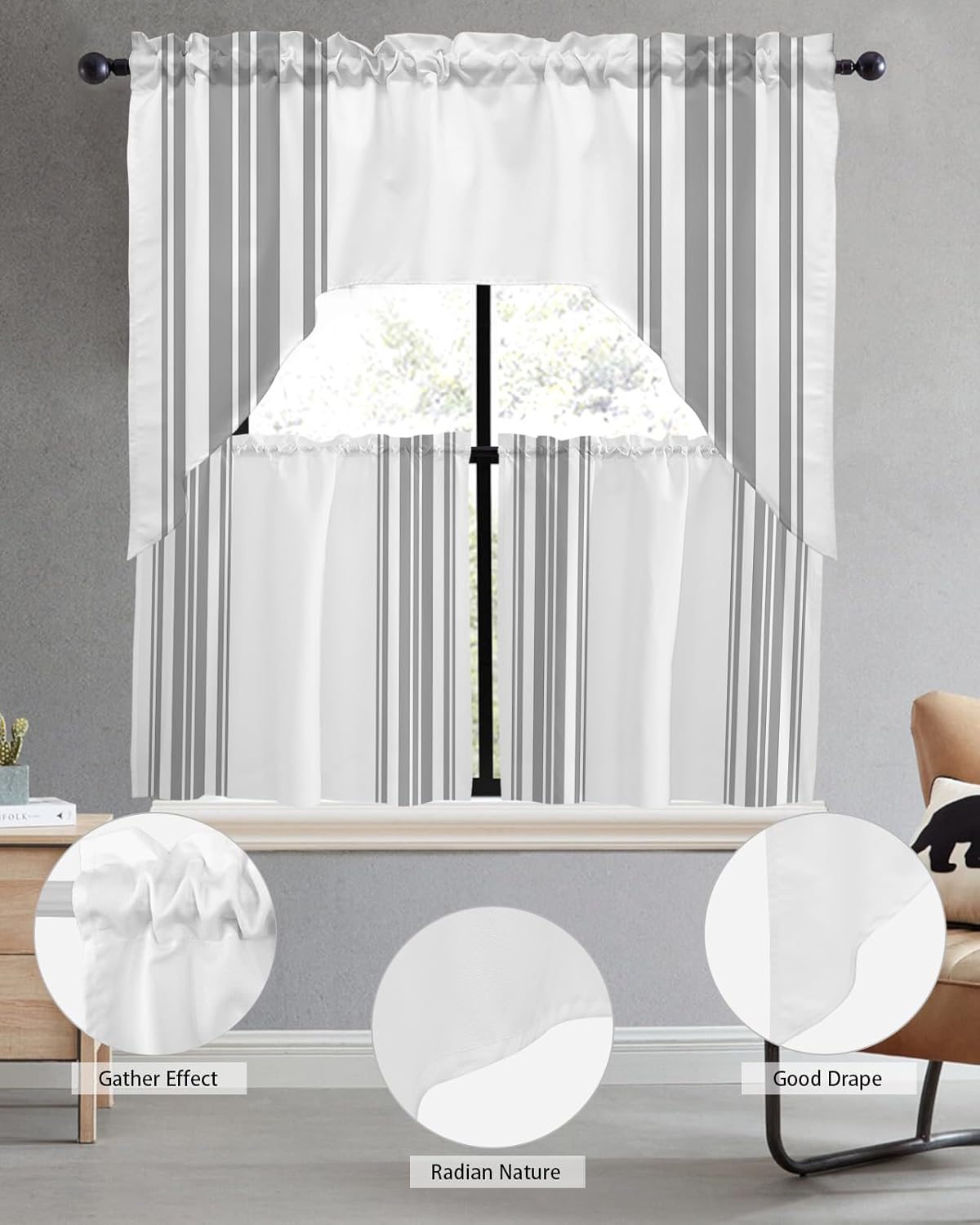 Grey White Stripes Swag Curtains 3 Piece Set for Kitchen Living Room