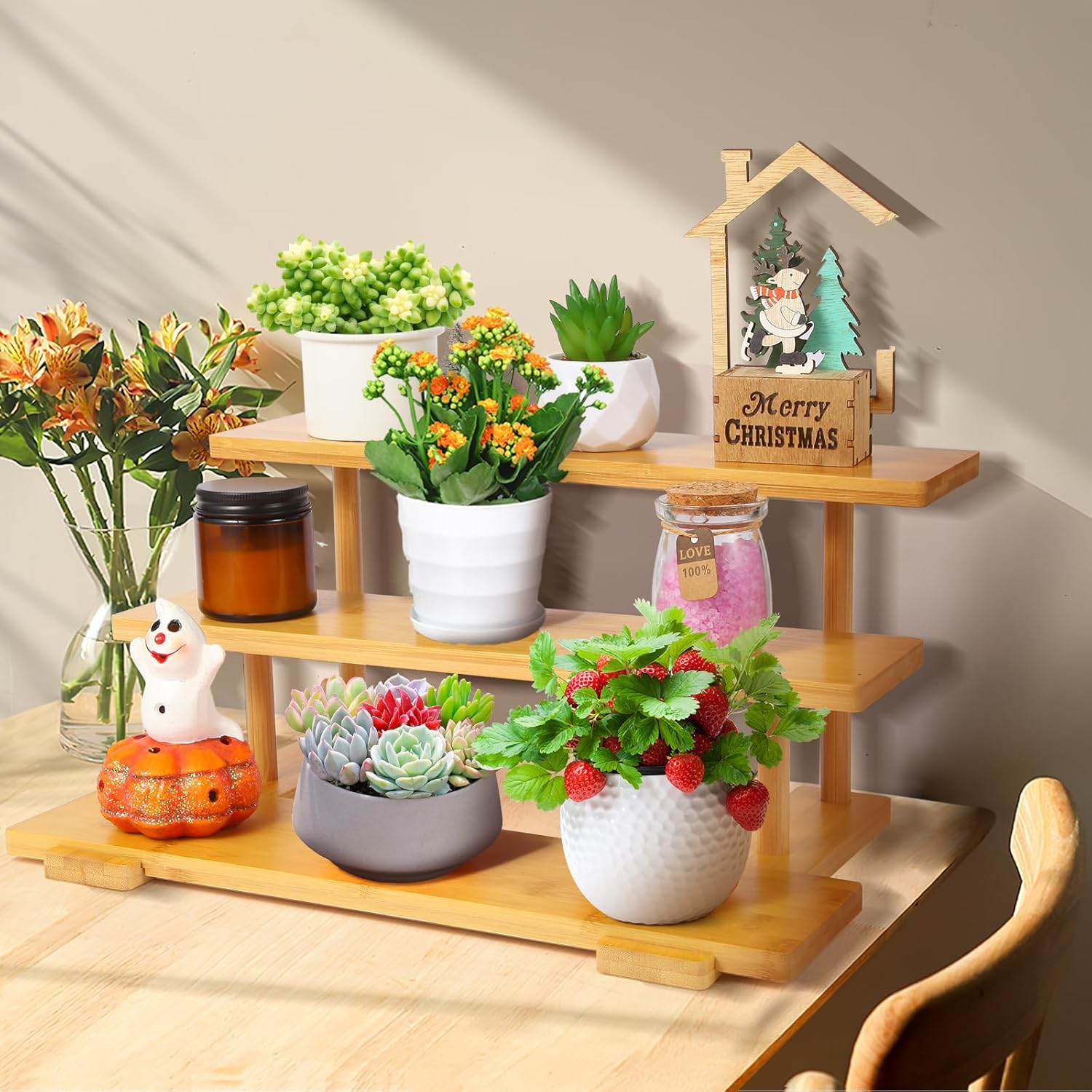 3 Tier Bamboo Display Rack Bathroom Counter Kitchen Organizer Perfume Cosmetic Organizer