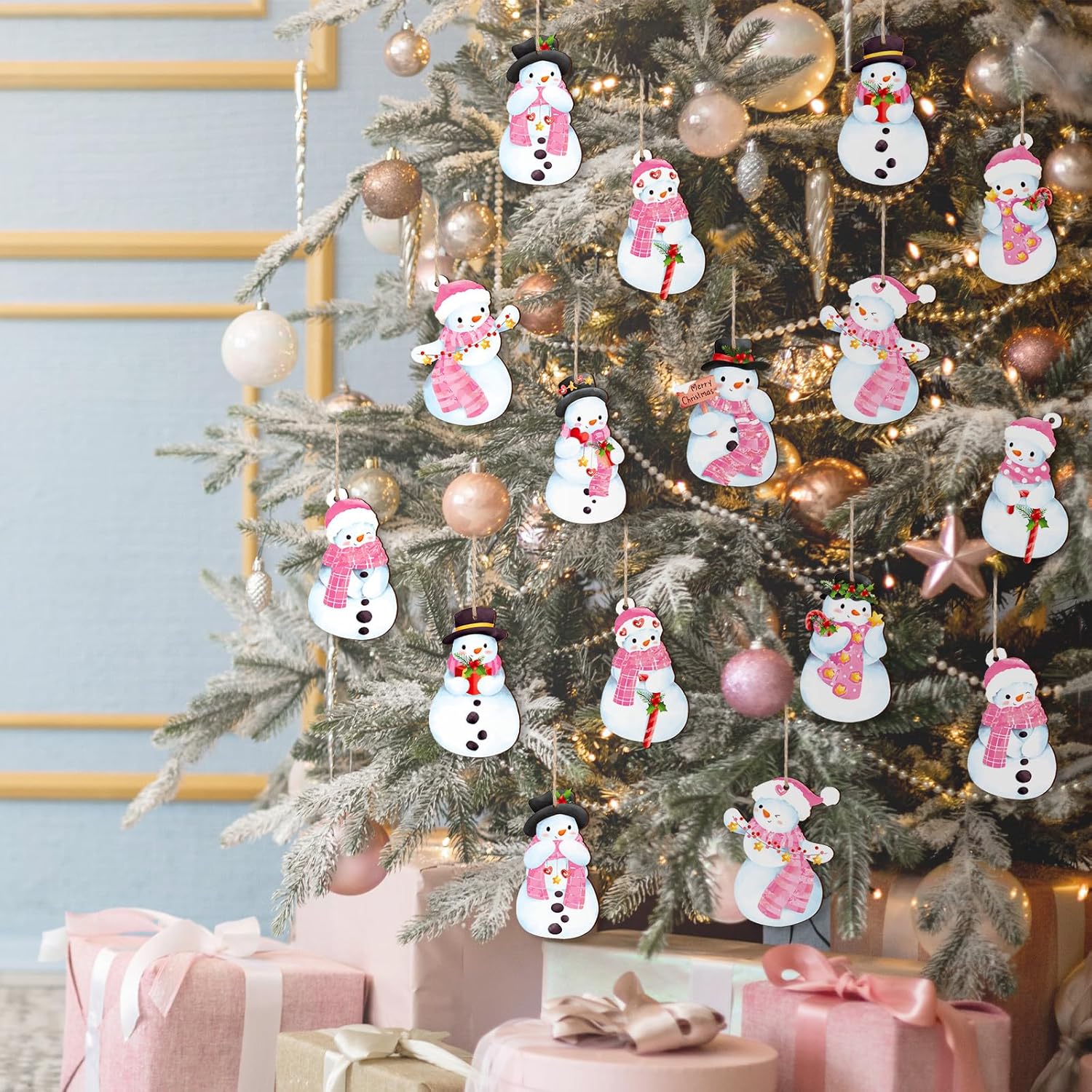 24Pcs Pink Christmas Wood Hanging Ornaments with Hemp Rope