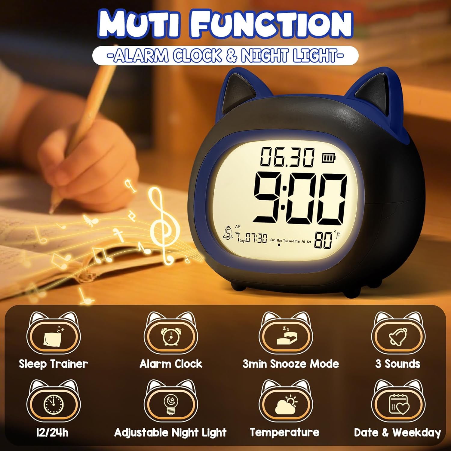 Adorable Cat Alarm Clock for Kids with Night Light