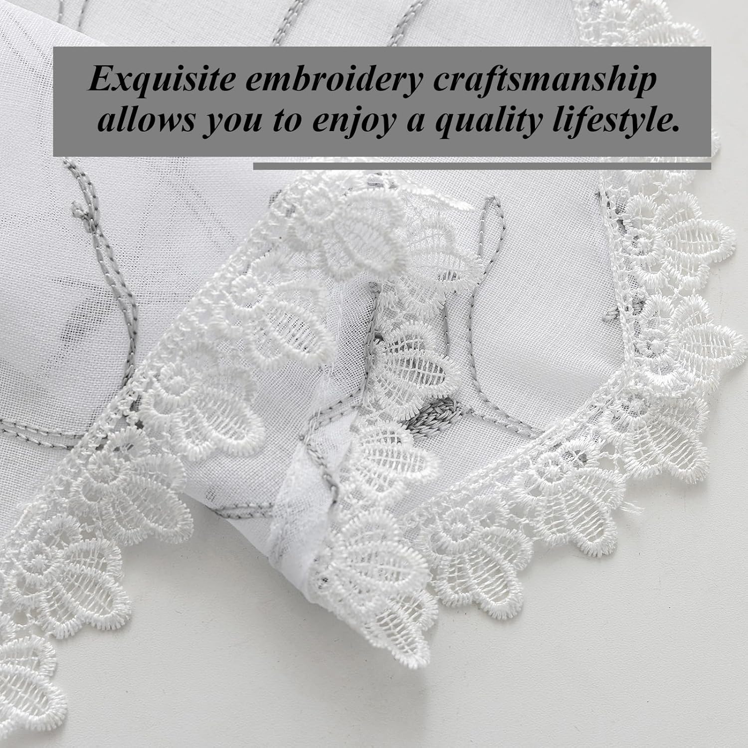 Beda Home Tassel Embroidery Sheer Curtain Valance - Grey 26x24 1 Pair