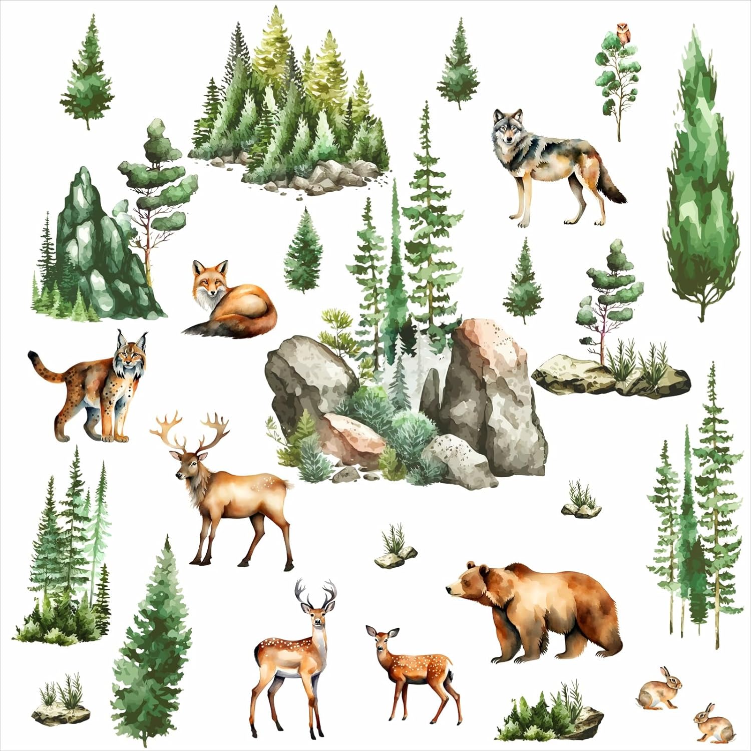Woodland Animal Window Stickers with Green Pine Tree and Mountain Scenes