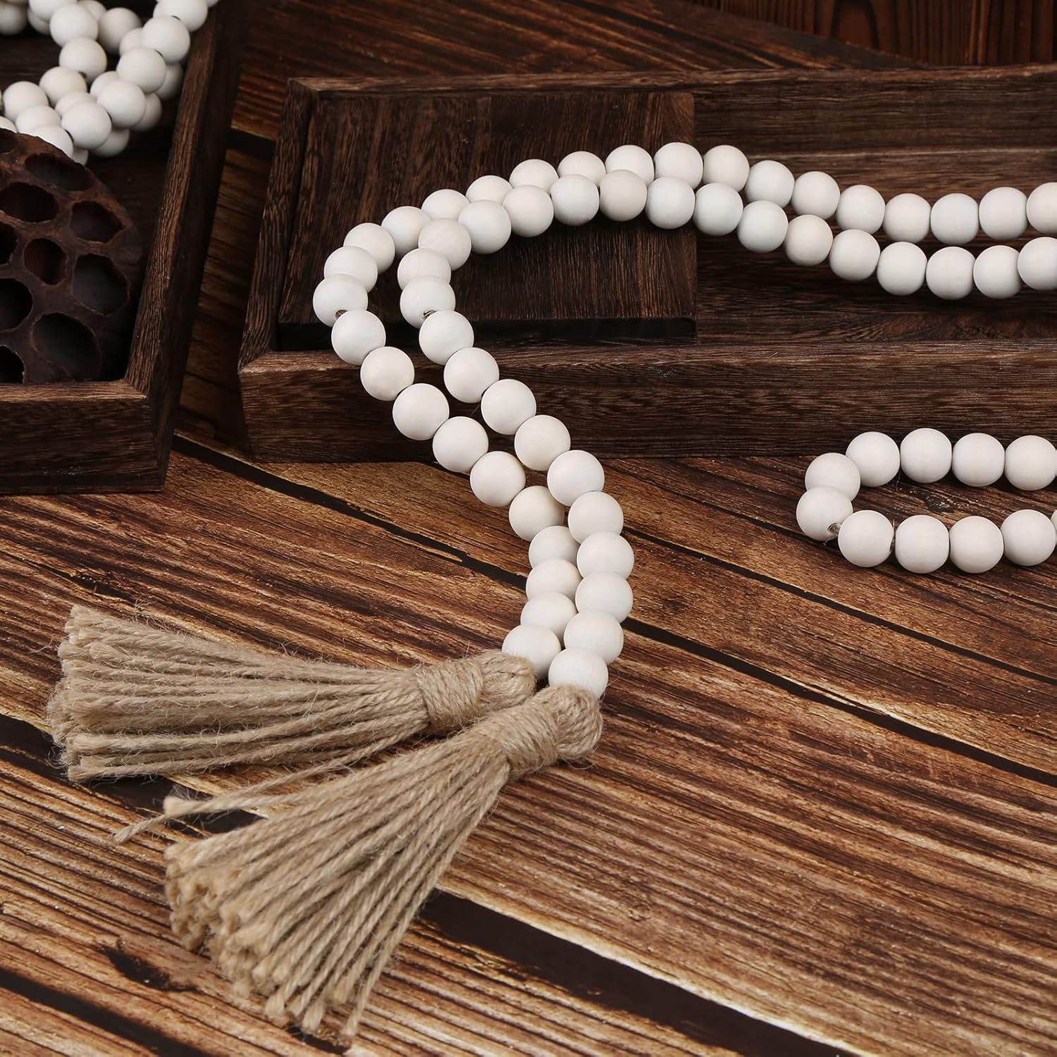 Farmhouse Beads 58 Inch Wood Garland with Tassels Rustic Decor