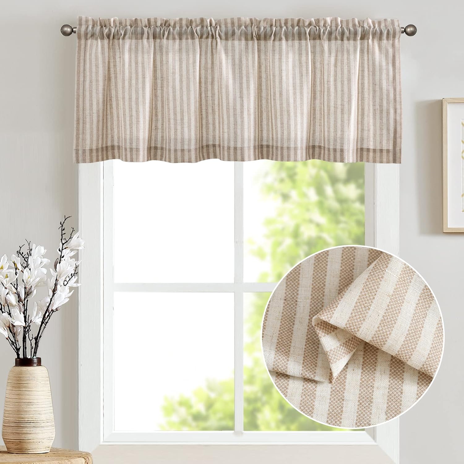 Jinchan Linen Valance Curtain 16 Inch Tan on Beige 1 Panel
