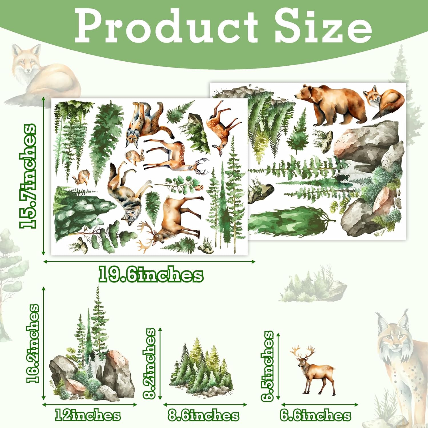 Woodland Animal Window Stickers with Green Pine Tree and Mountain Scenes