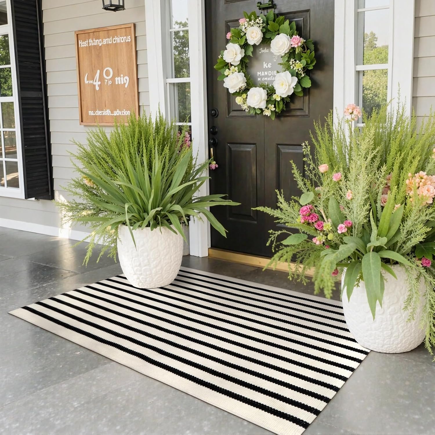 Collive Black and White Striped Outdoor Rug Door Mat 24x51