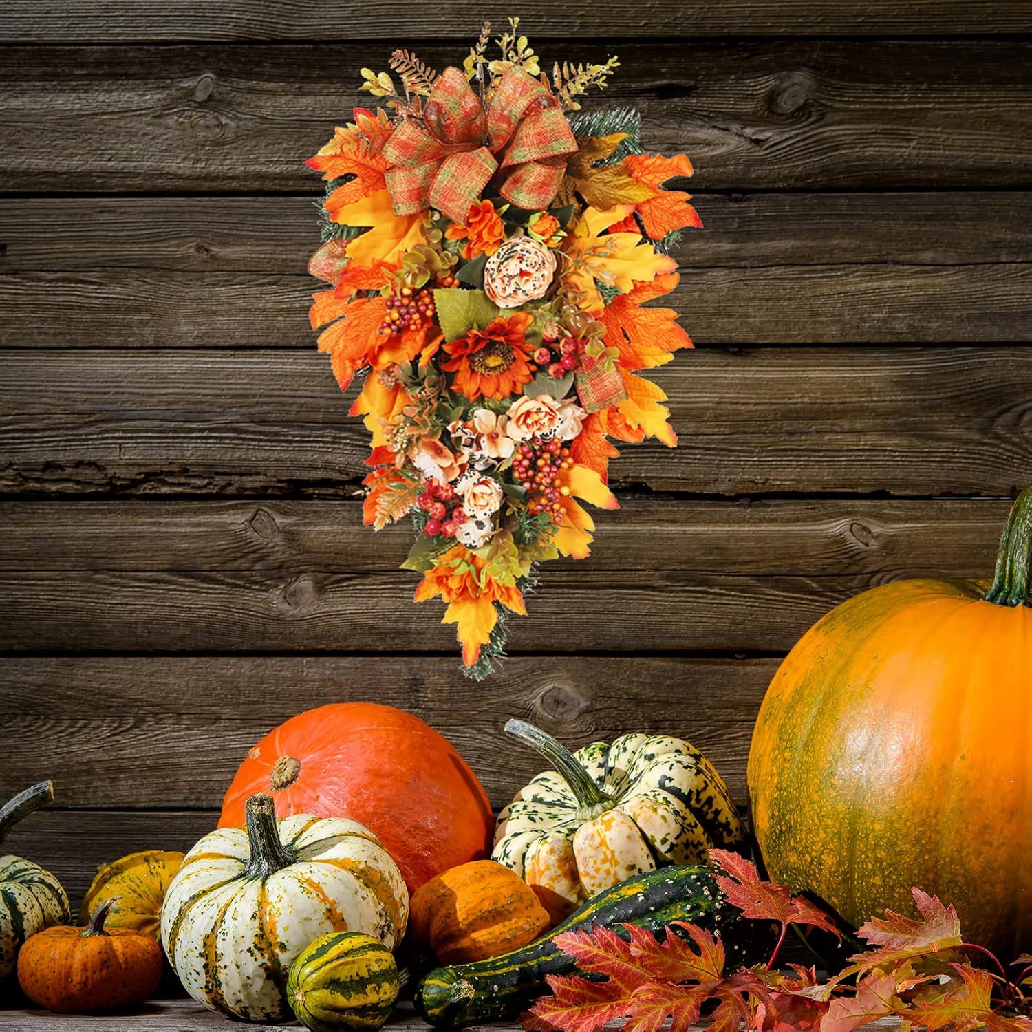 Harvest Teardrop Wreath with Light Fall Decor