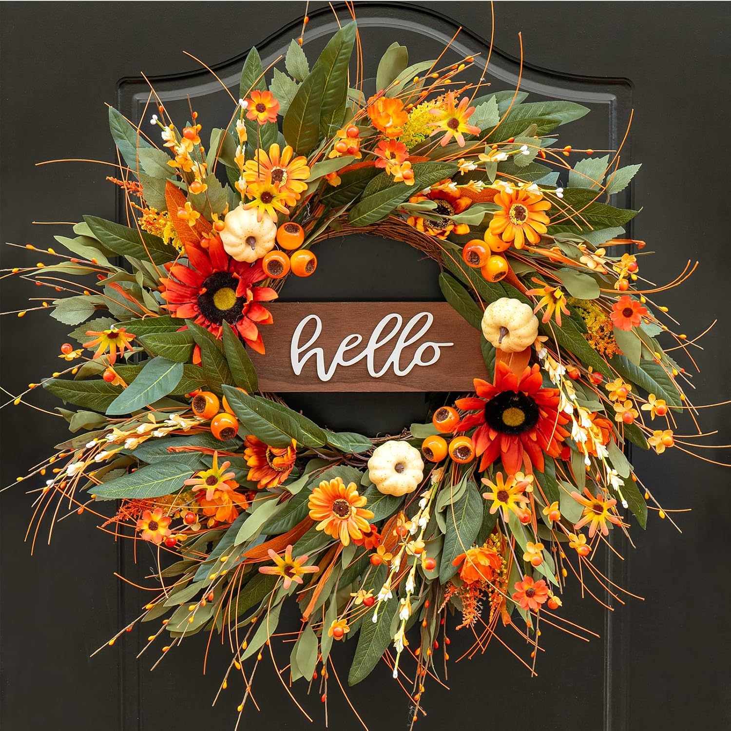 24 Inch Artificial Autumn Wreath with Hello Sign