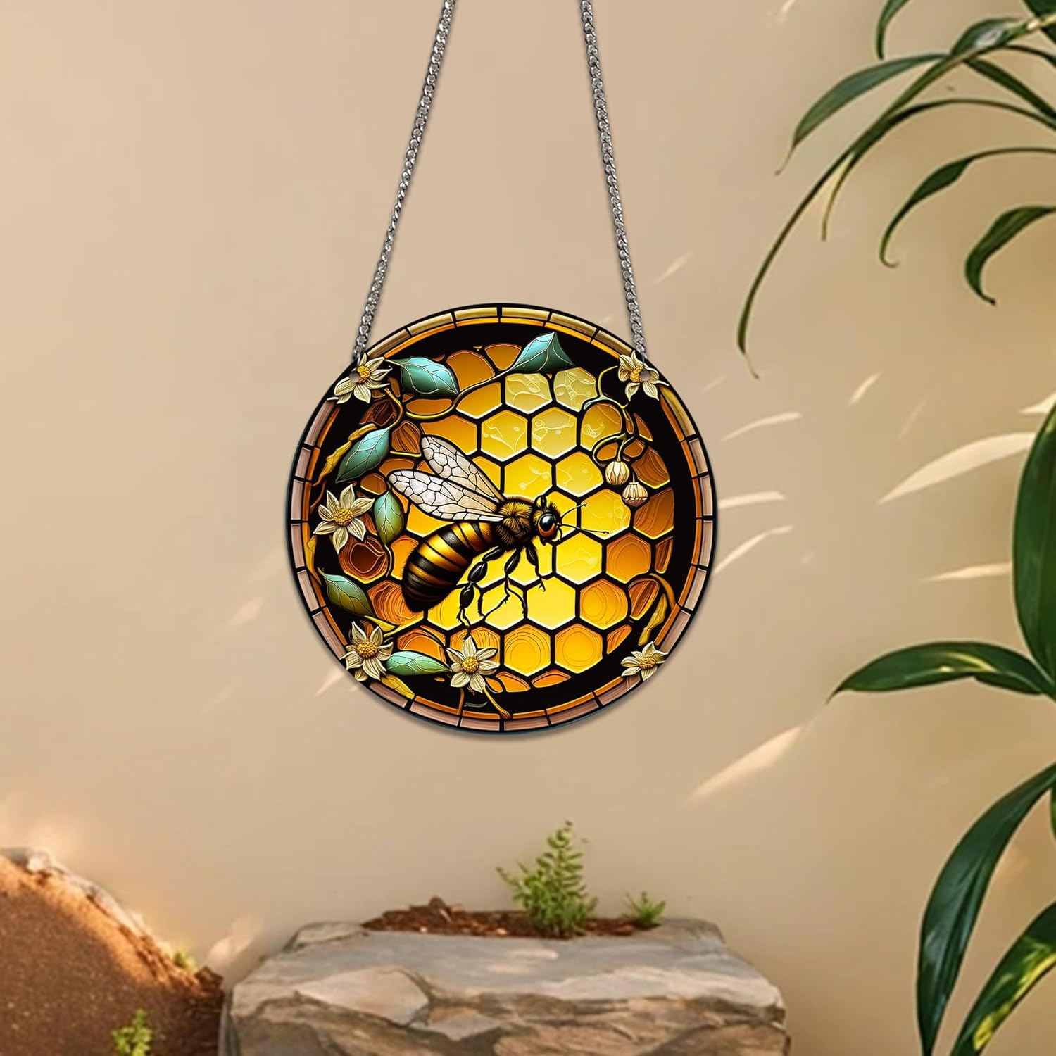 HOTIYOK Retro Yellow Hive Stained Glass Window Decor with Chain