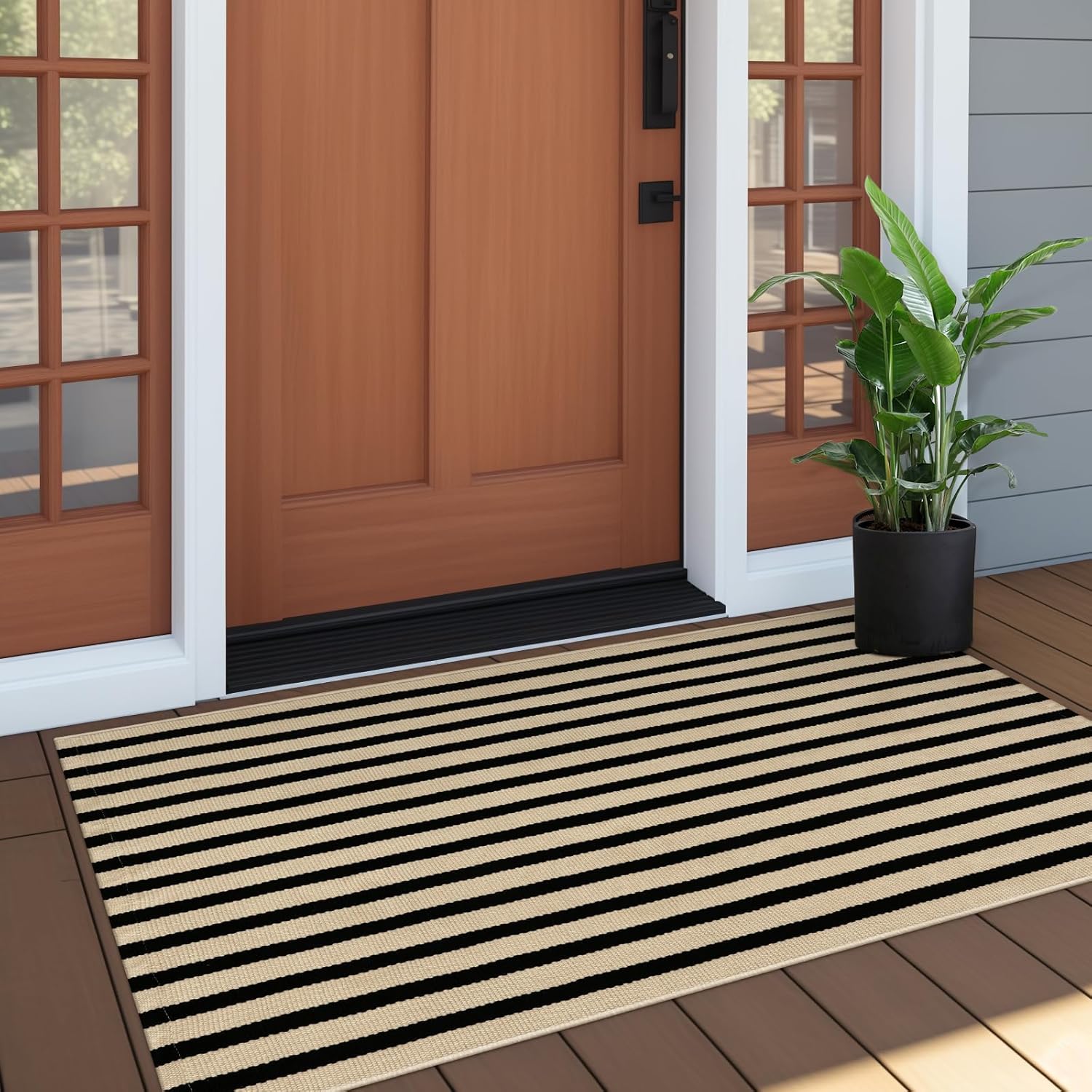 OJIA 24x51 Black and Tan Striped Front Door Rug