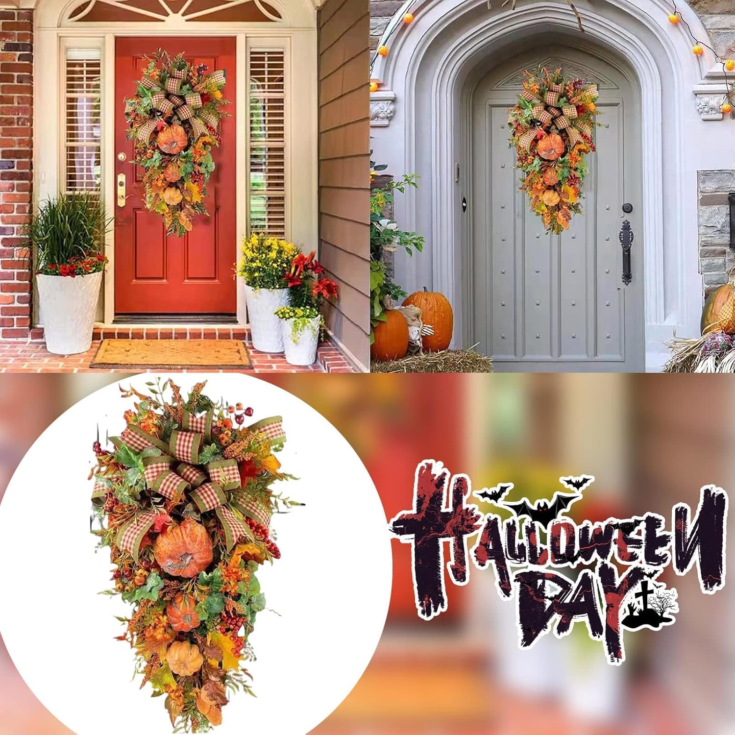 Artificial Fall Teardrop Swag Wreath for Front Door
