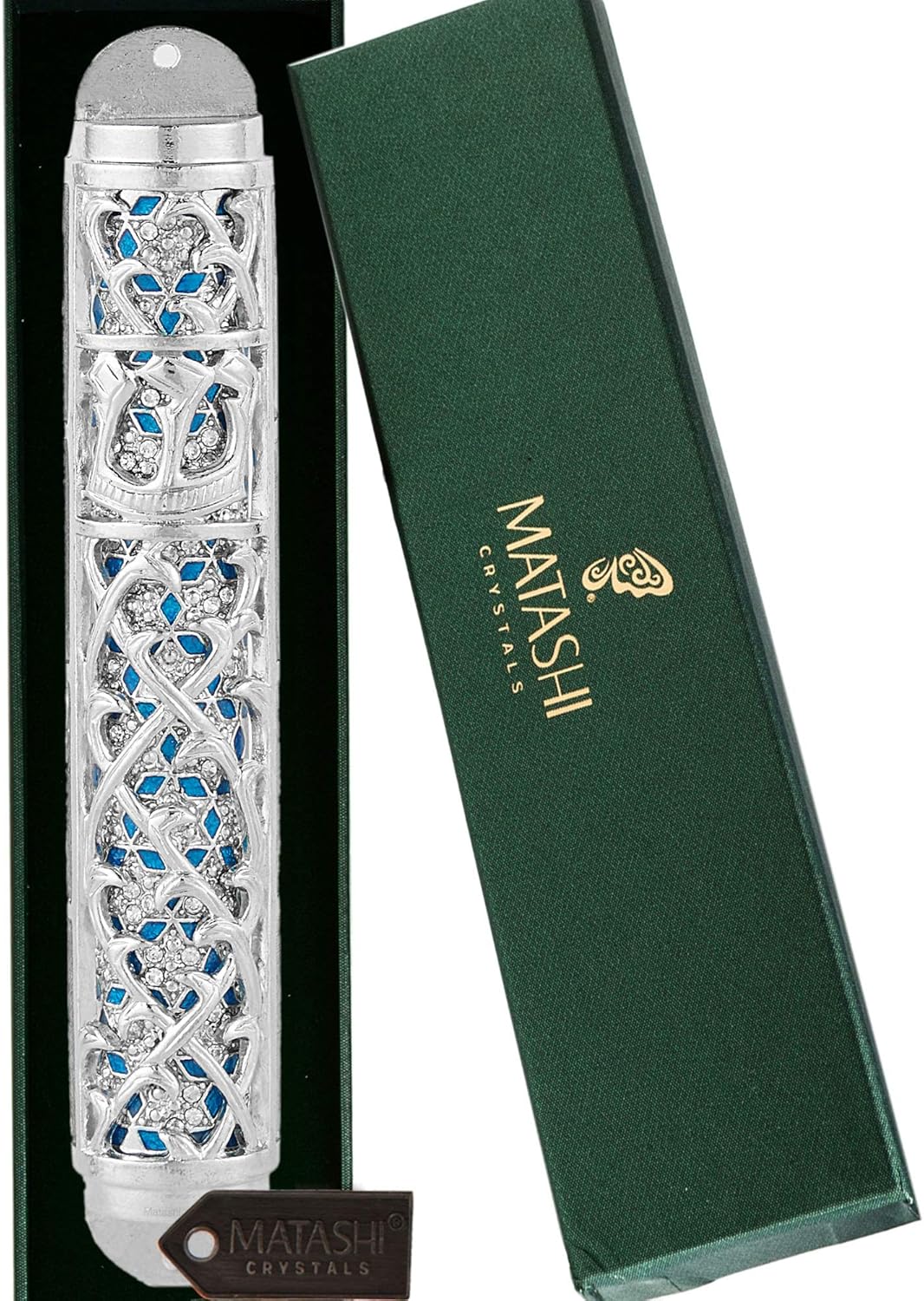 Matashi Hand Painted Enamel Mezuzah with Hebrew Shin and Crystals