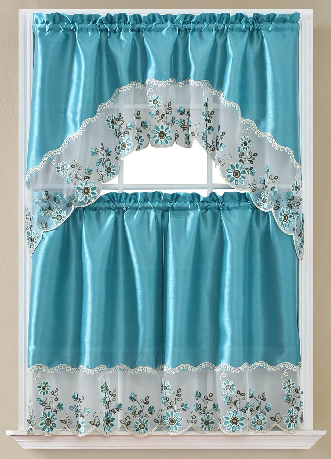 GLORY RUGS Sunflower Turquoise Kitchen Curtain Set
