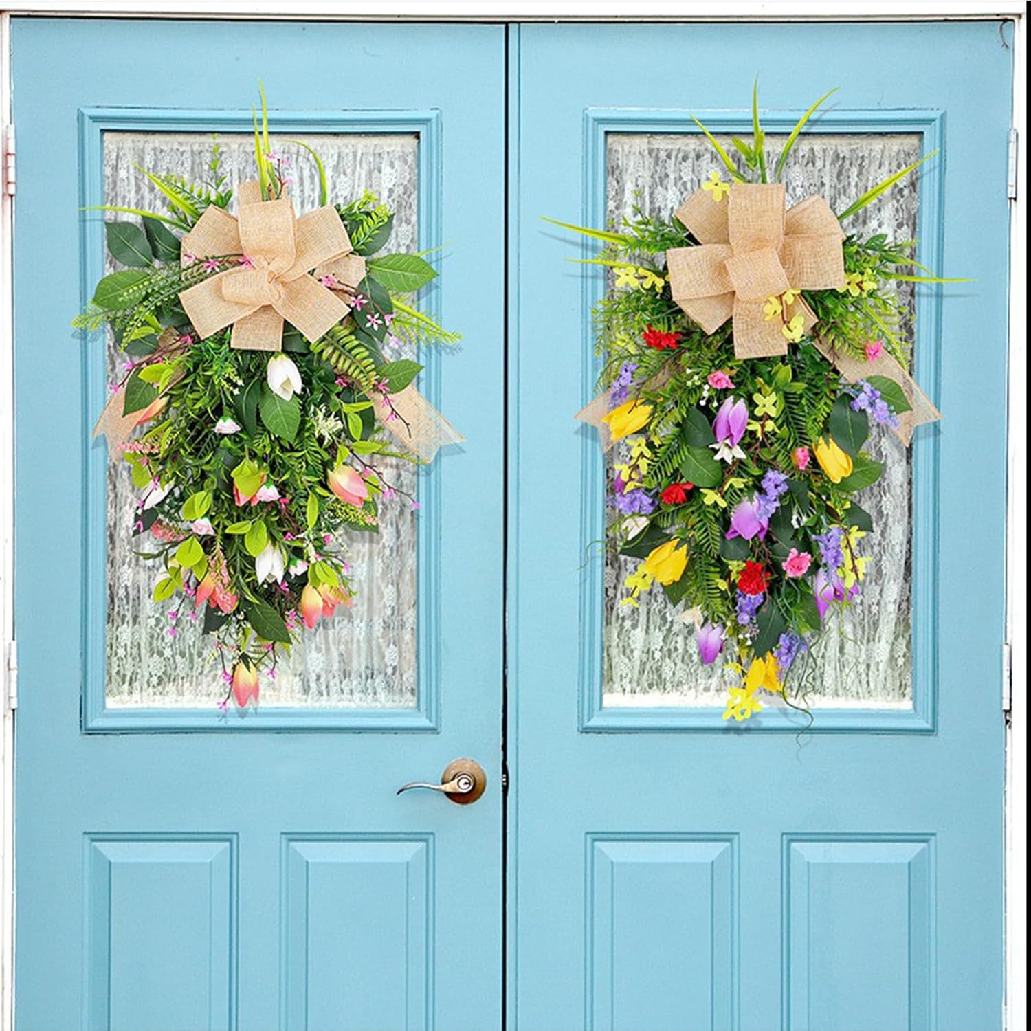 Tulips Teardrop Swag with Burlap Bow and Greenery