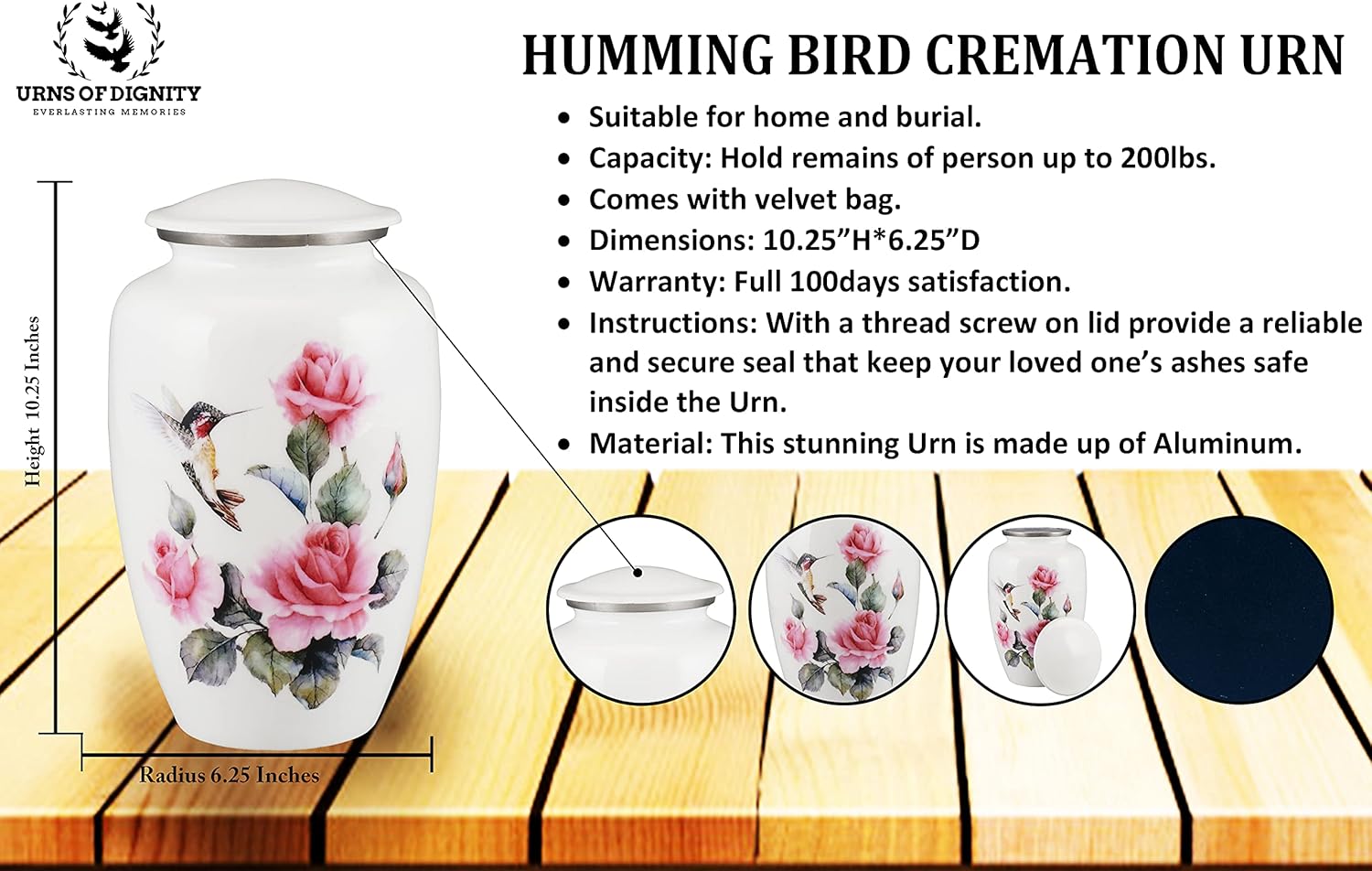 Pink Rose Humming Bird Cremation Urn for Human Ashes