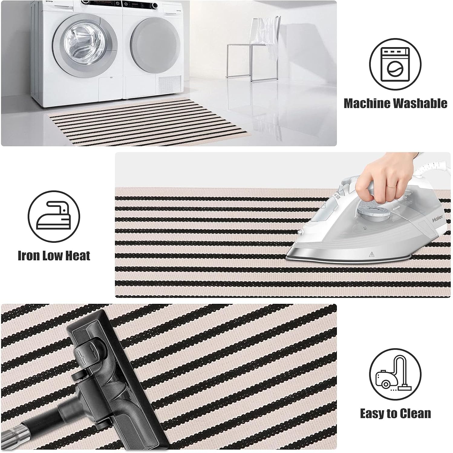 LEEVAN Black and White Striped Outdoor Rug 24x51