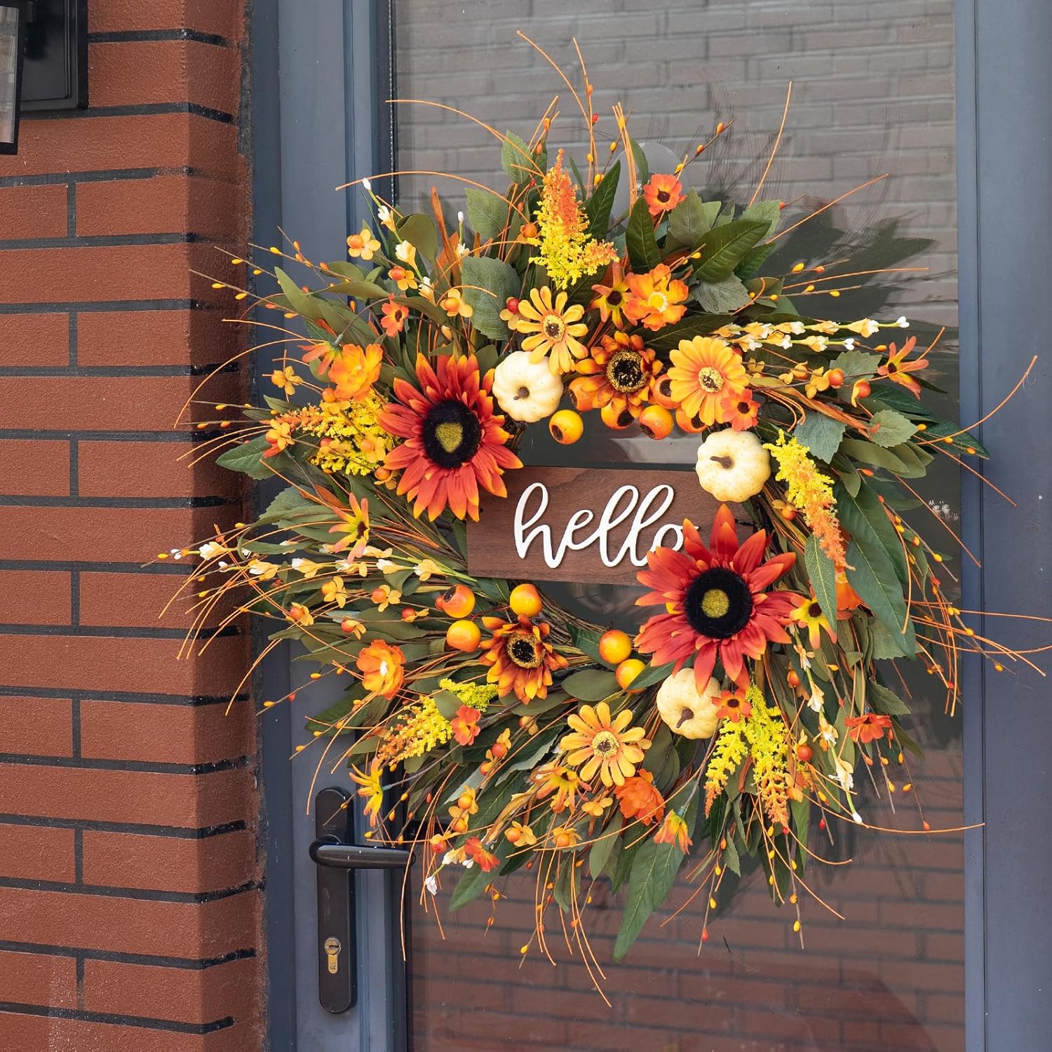 24 Inch Artificial Autumn Wreath with Hello Sign
