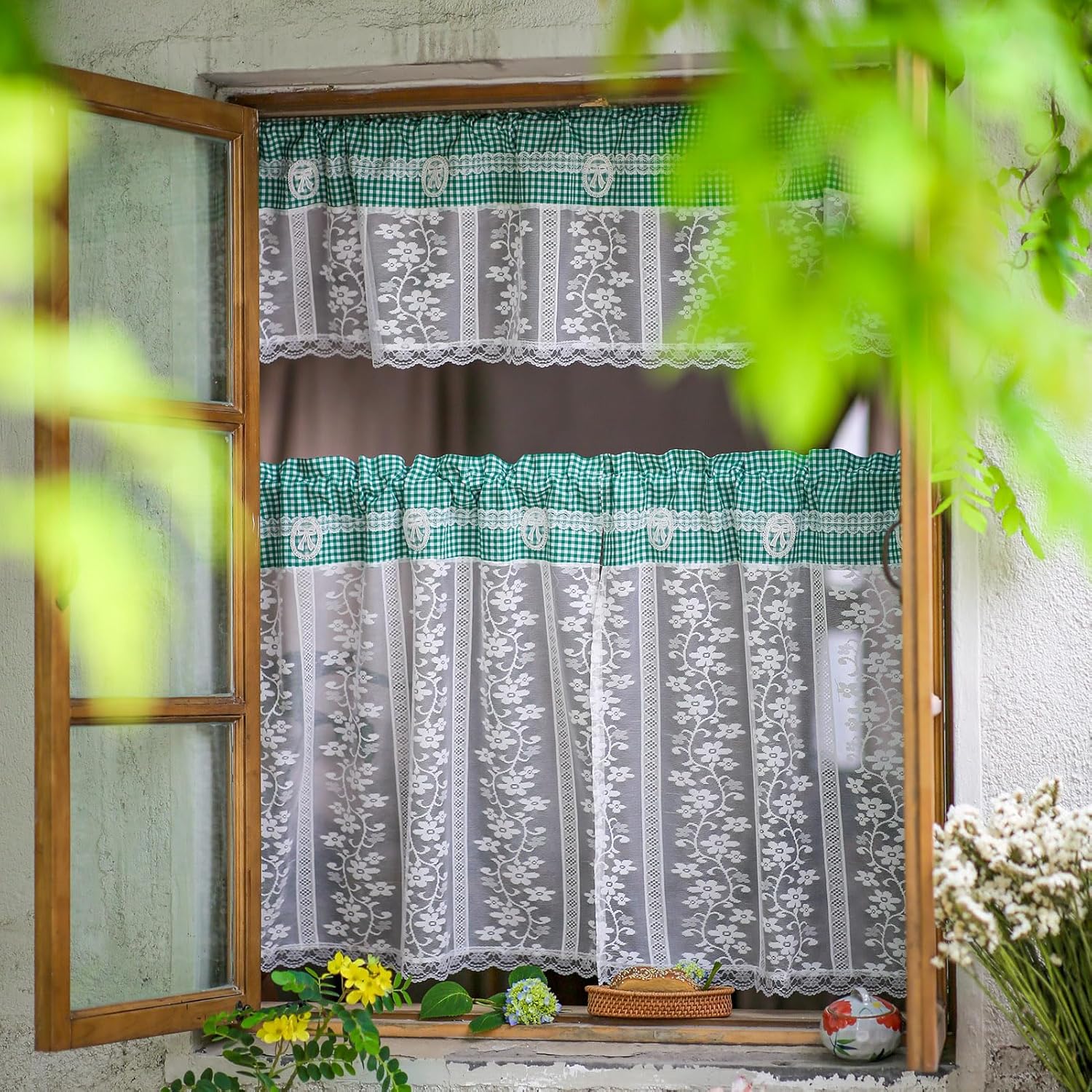 ARTMAGIC Tier Curtain Set 3pcs Sage Green Plaid Valance
