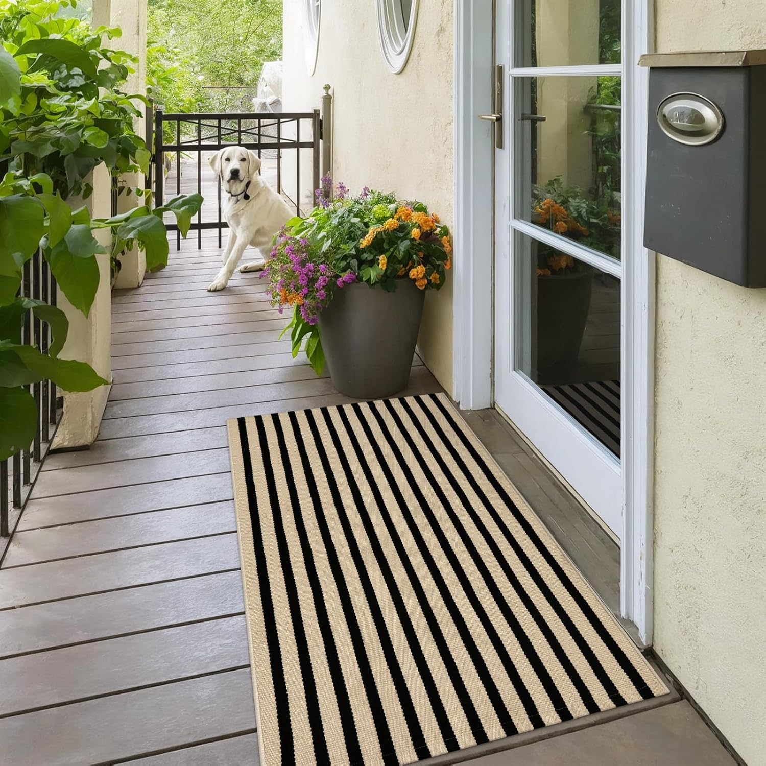 OJIA 24x51 Black and Tan Striped Front Door Rug