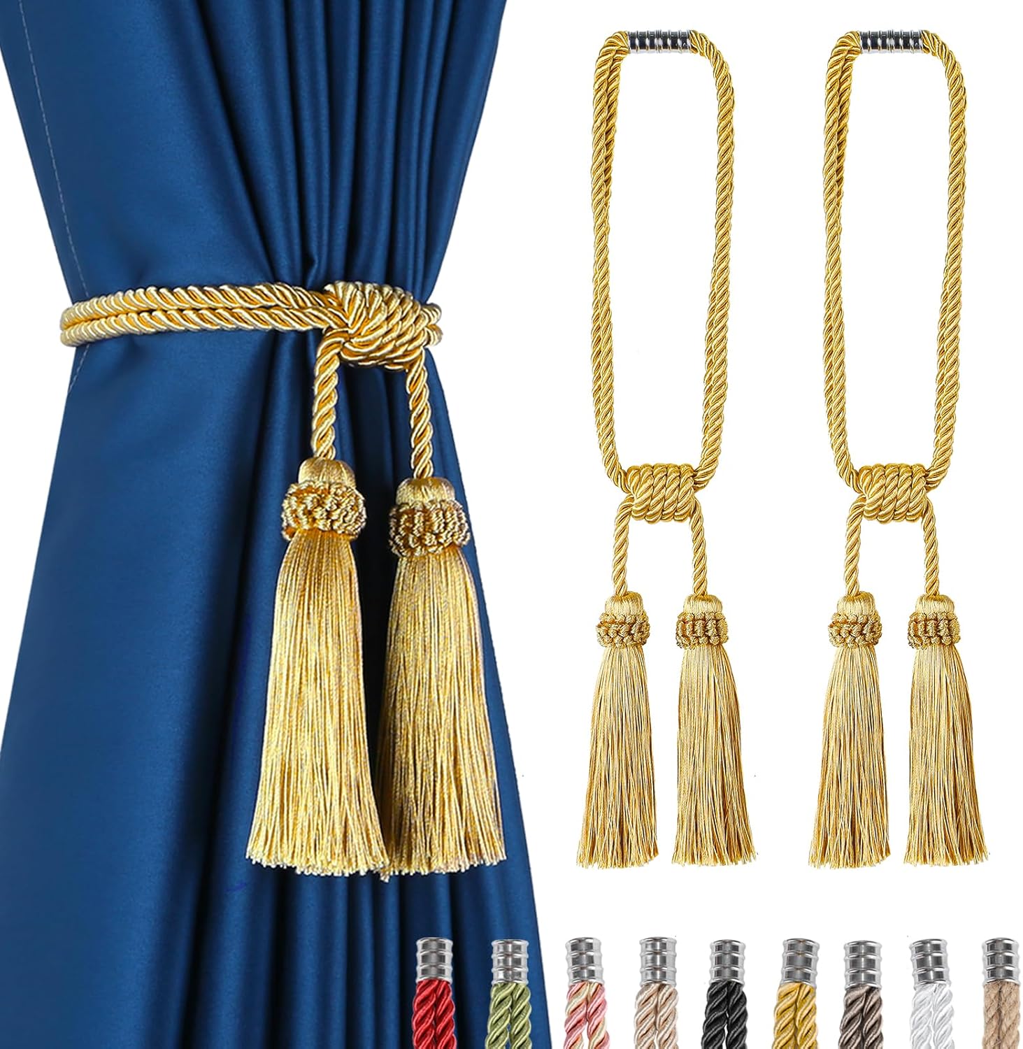 Fenghuangwu Magnetic Curtain Tiebacks 2 Pack Gold Tassel Holdback