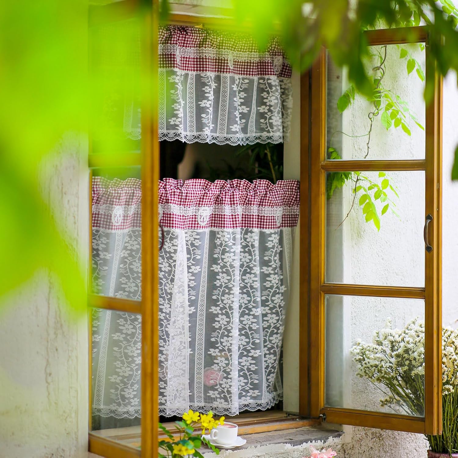 ARTMAGIC Red Plaid Tier Curtain Set with Valance 3pcs