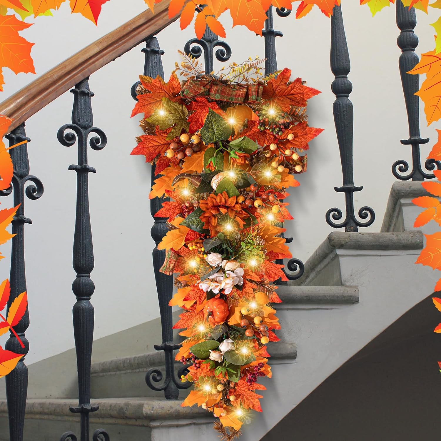 Hotop 36 Inch Fall Harvest Teardrop Swag with LED Light