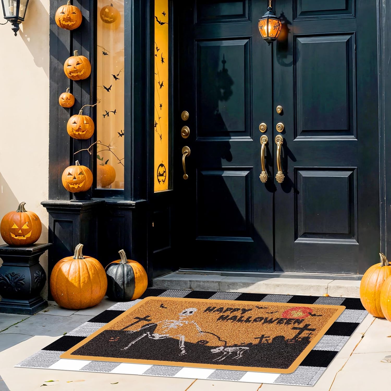Halloween Skull Door Mat and Buffalo Plaid Rug Set