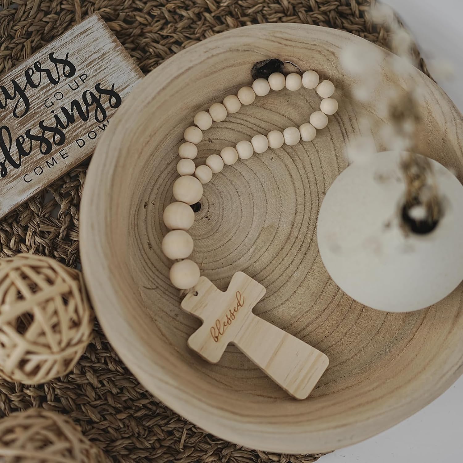 RUIRUICO Wood Bead Garland with Cross and Tassel