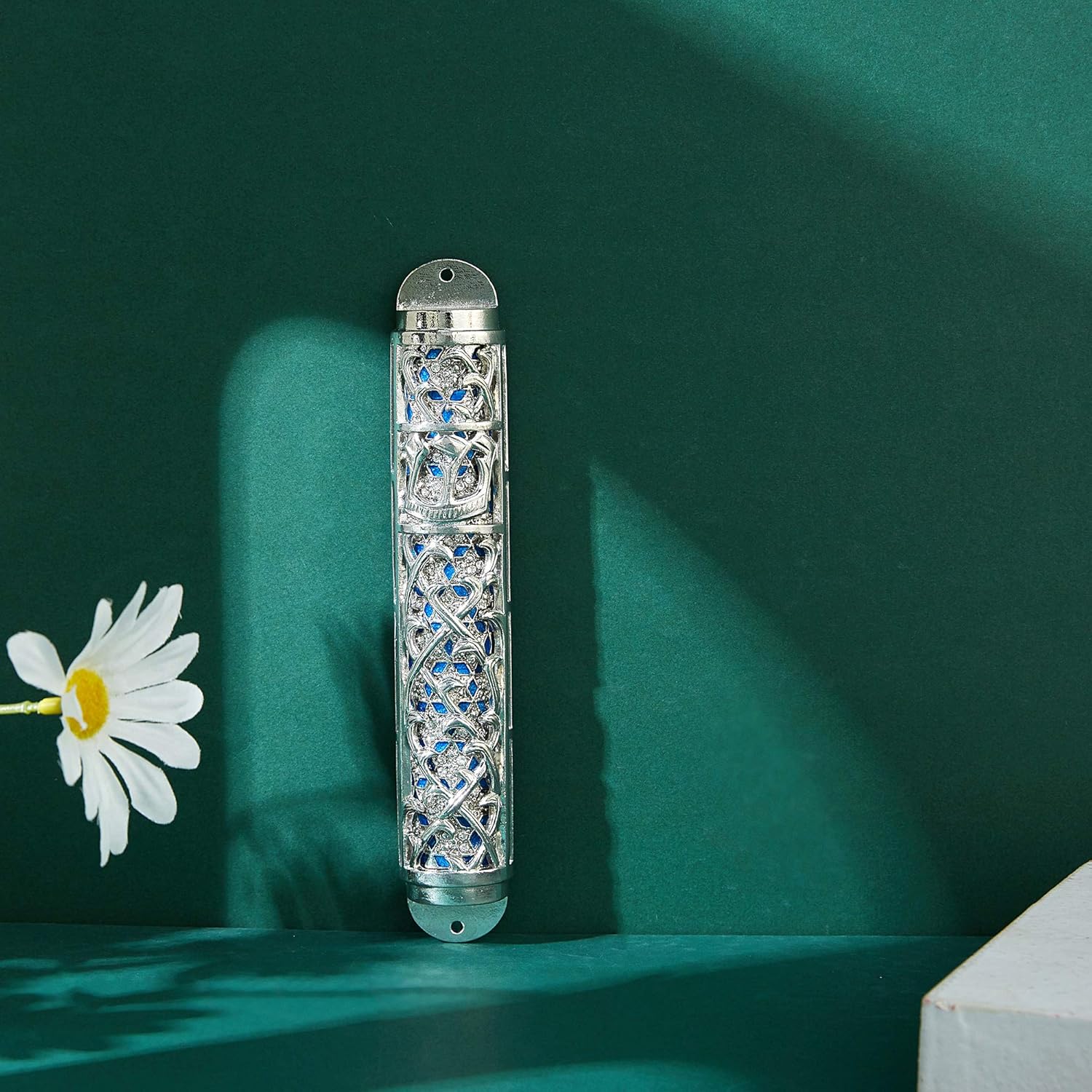 Matashi Hand Painted Enamel Mezuzah with Hebrew Shin and Crystals