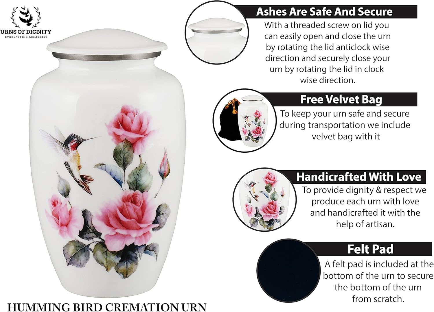 Pink Rose Humming Bird Cremation Urn for Human Ashes