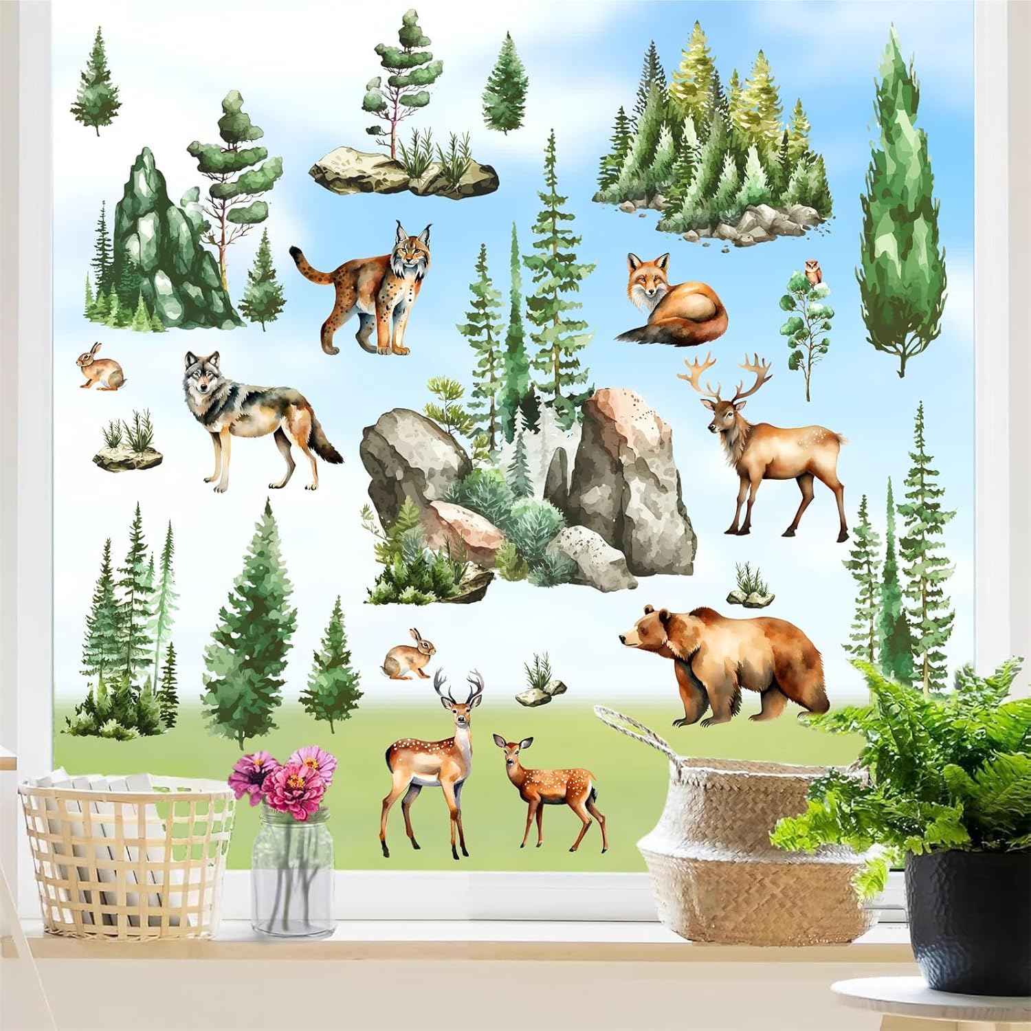 Woodland Animal Window Stickers with Green Pine Tree and Mountain Scenes