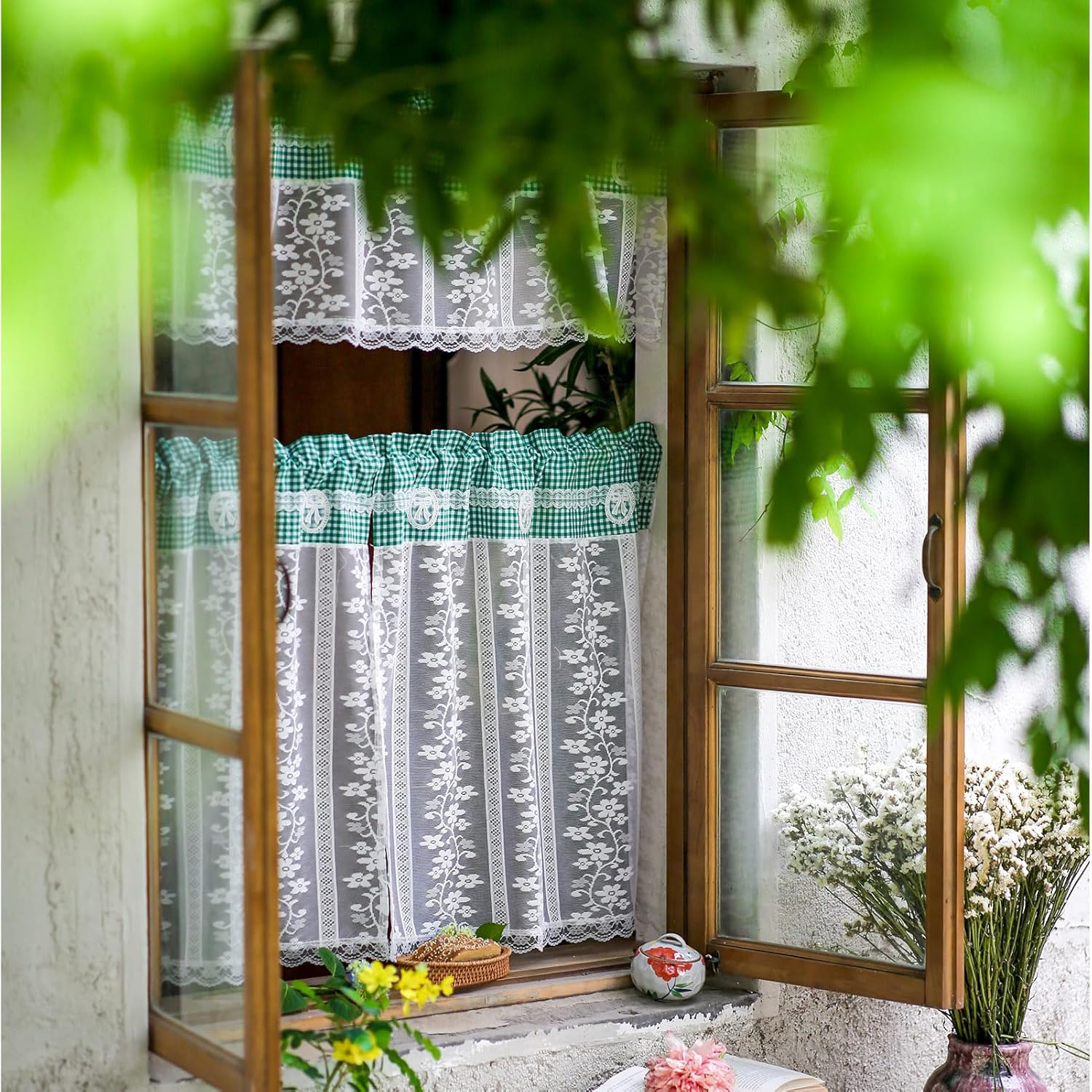 ARTMAGIC Tier Curtain Set 3pcs Sage Green Plaid Valance