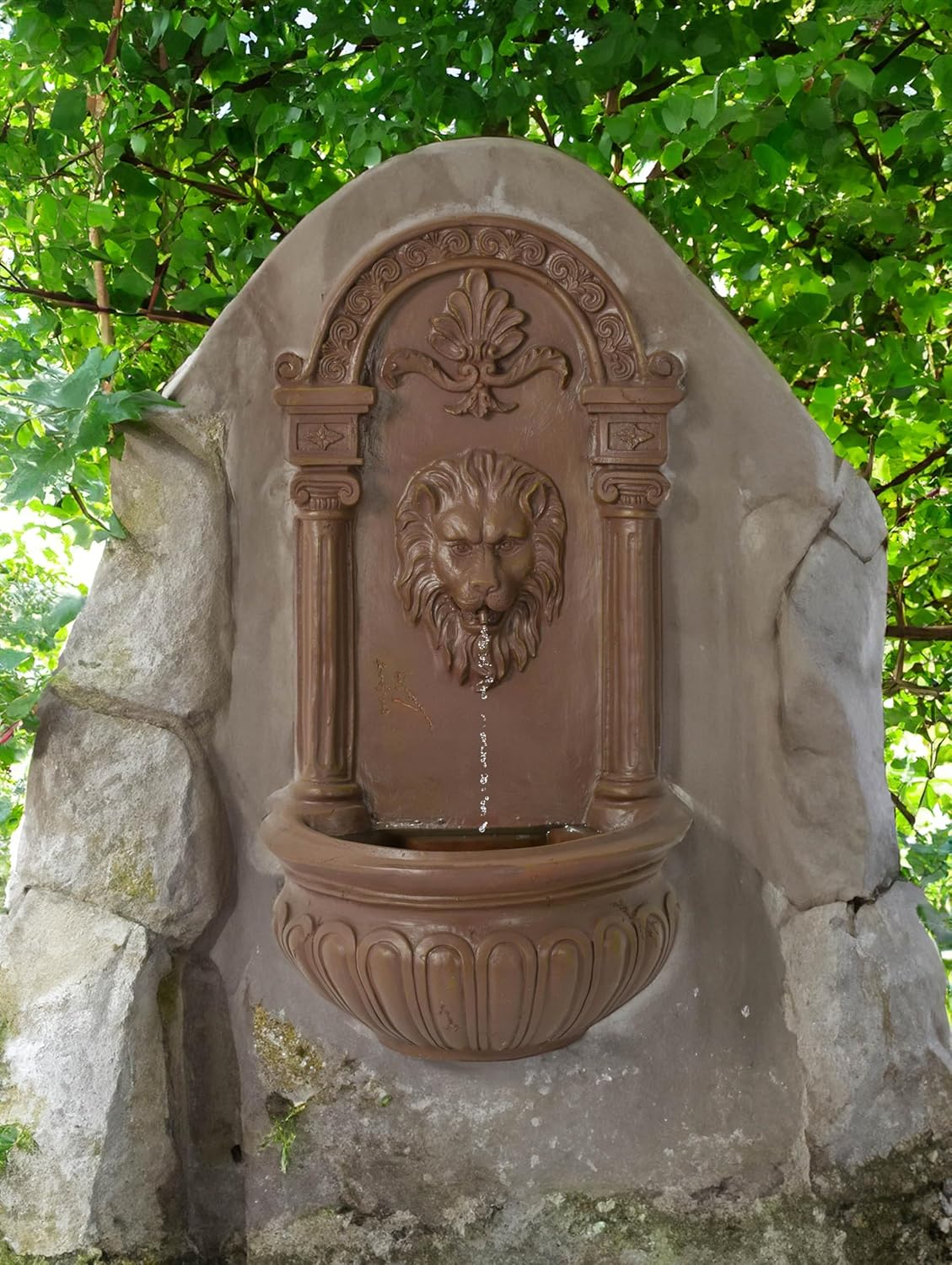 Terra Cotta Lion Wall Fountain - Hanging Design with Ornate Details