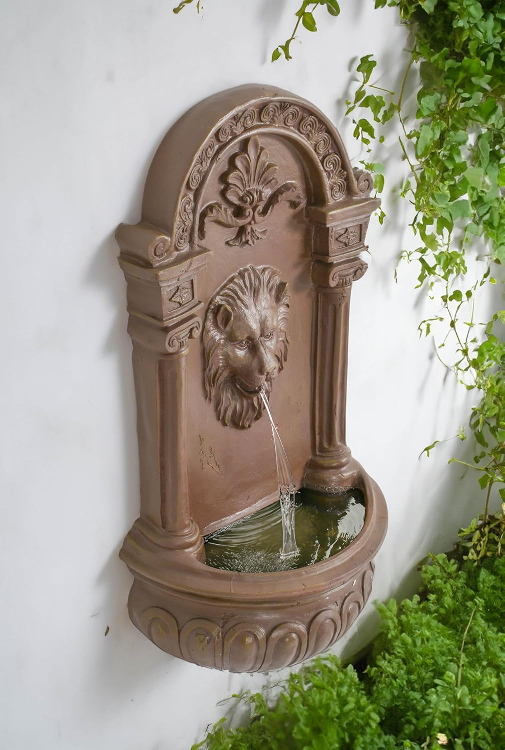 Terra Cotta Lion Wall Fountain - Hanging Design with Ornate Details