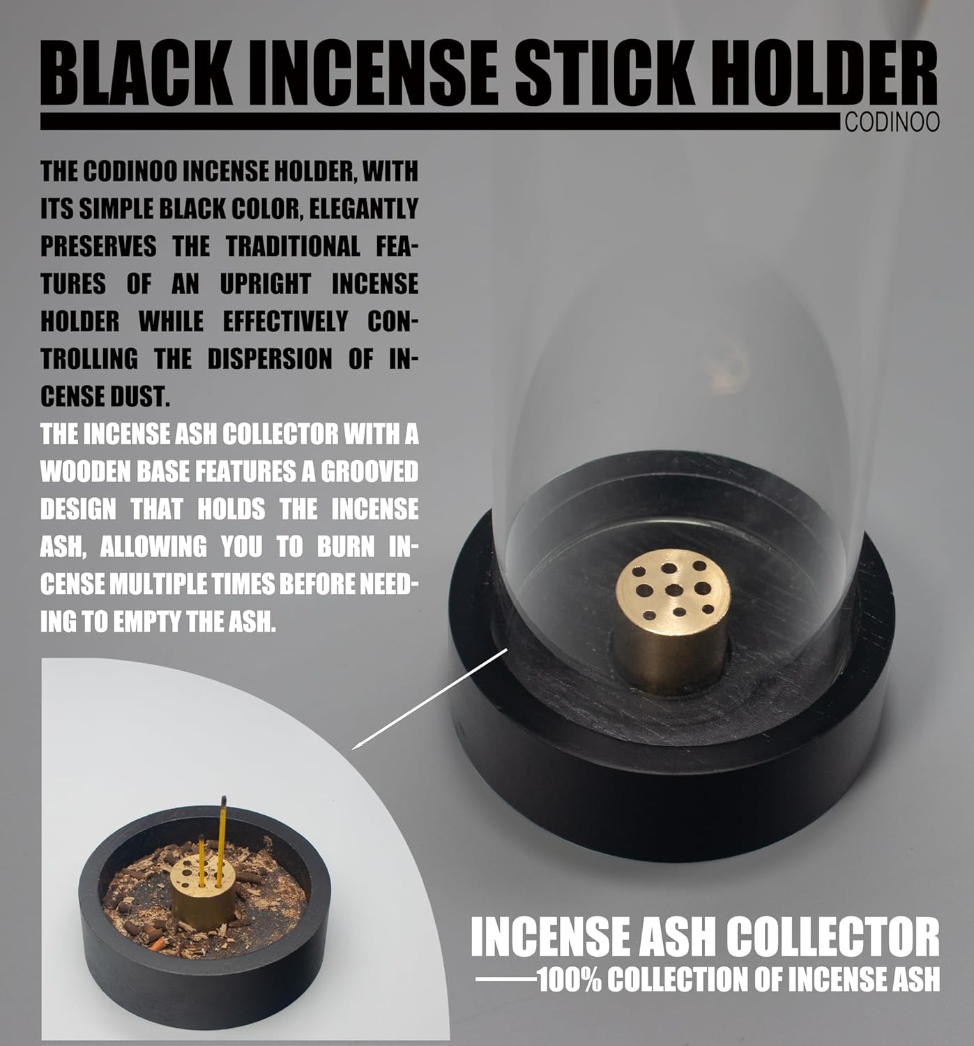 Modern Incense Stick Holder with Glass Ash Catcher Black