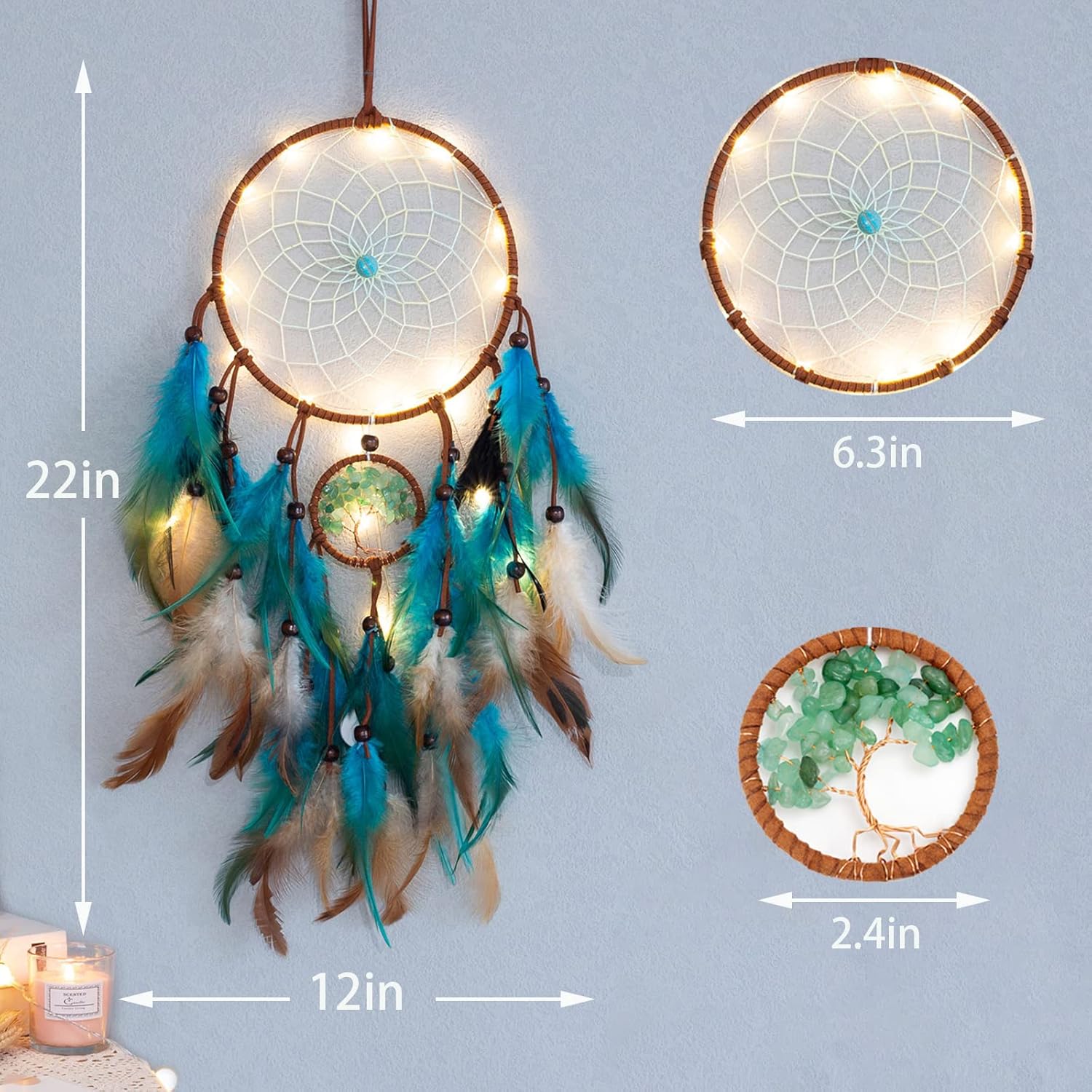 Dream Catcher with Blue Tree of Life and Feathers