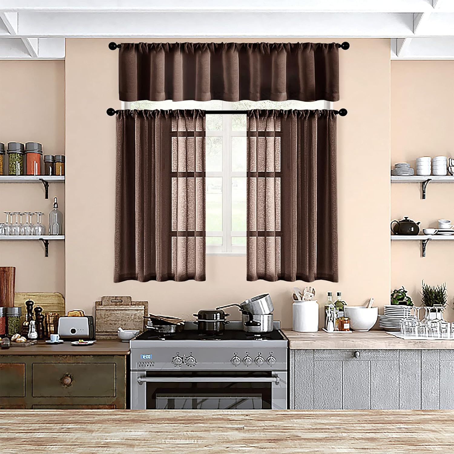 MRTREES Brown Sheer Valance 54x16 Inch Panel 1