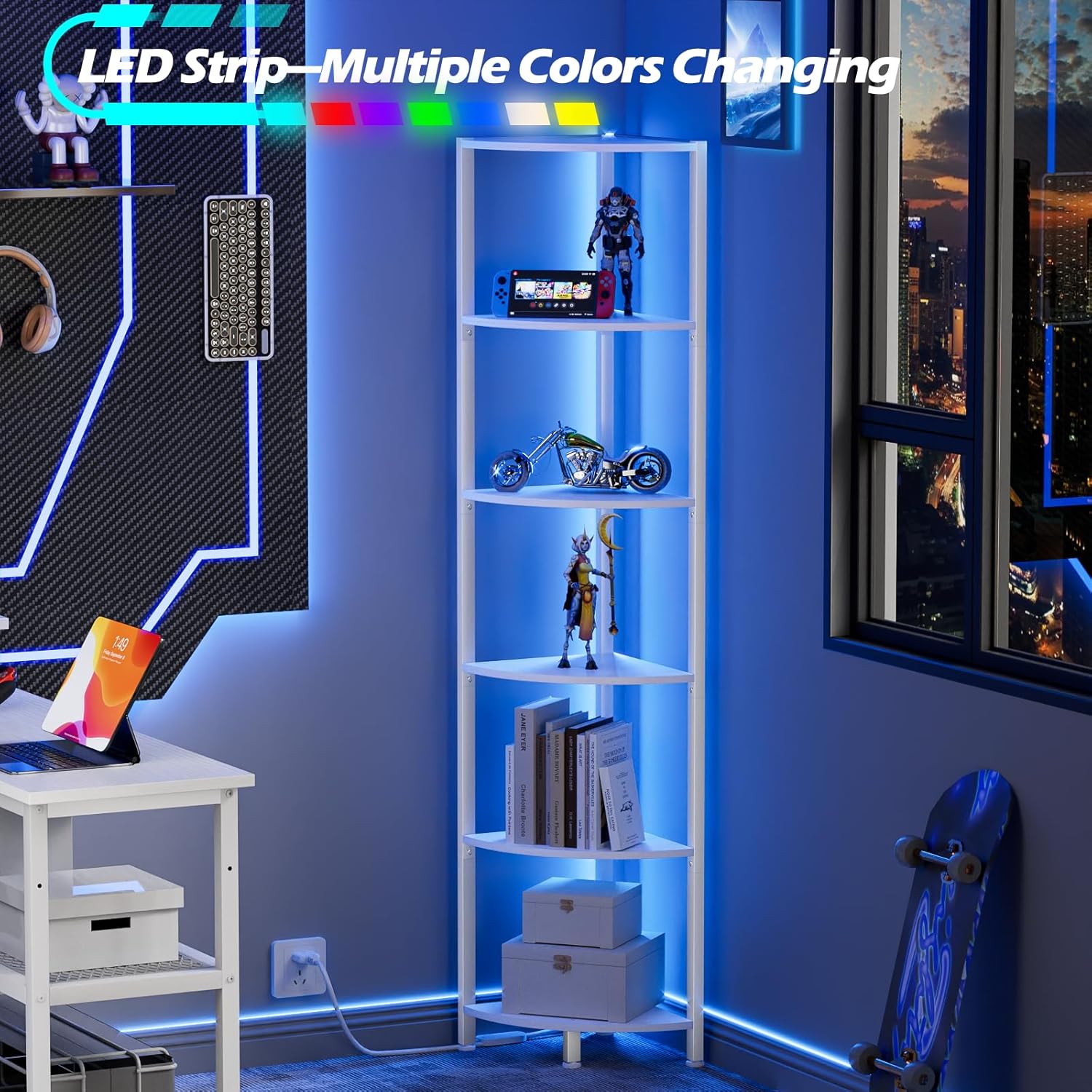 Furnulem 6 Tier Corner Shelf with LED Light White
