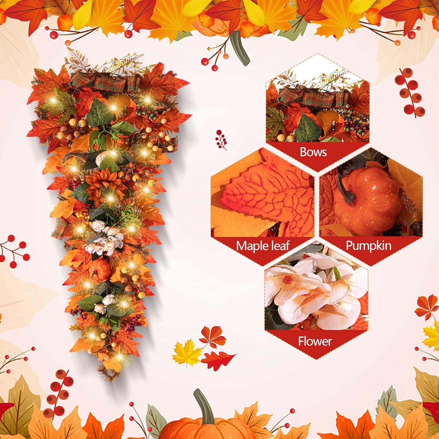 Hotop 36 Inch Fall Harvest Teardrop Swag with LED Light