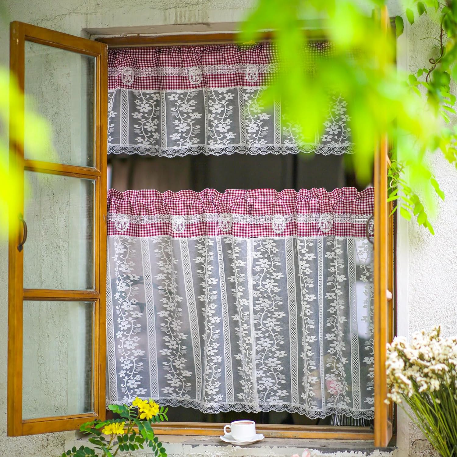 ARTMAGIC Red Plaid Tier Curtain Set with Valance 3pcs