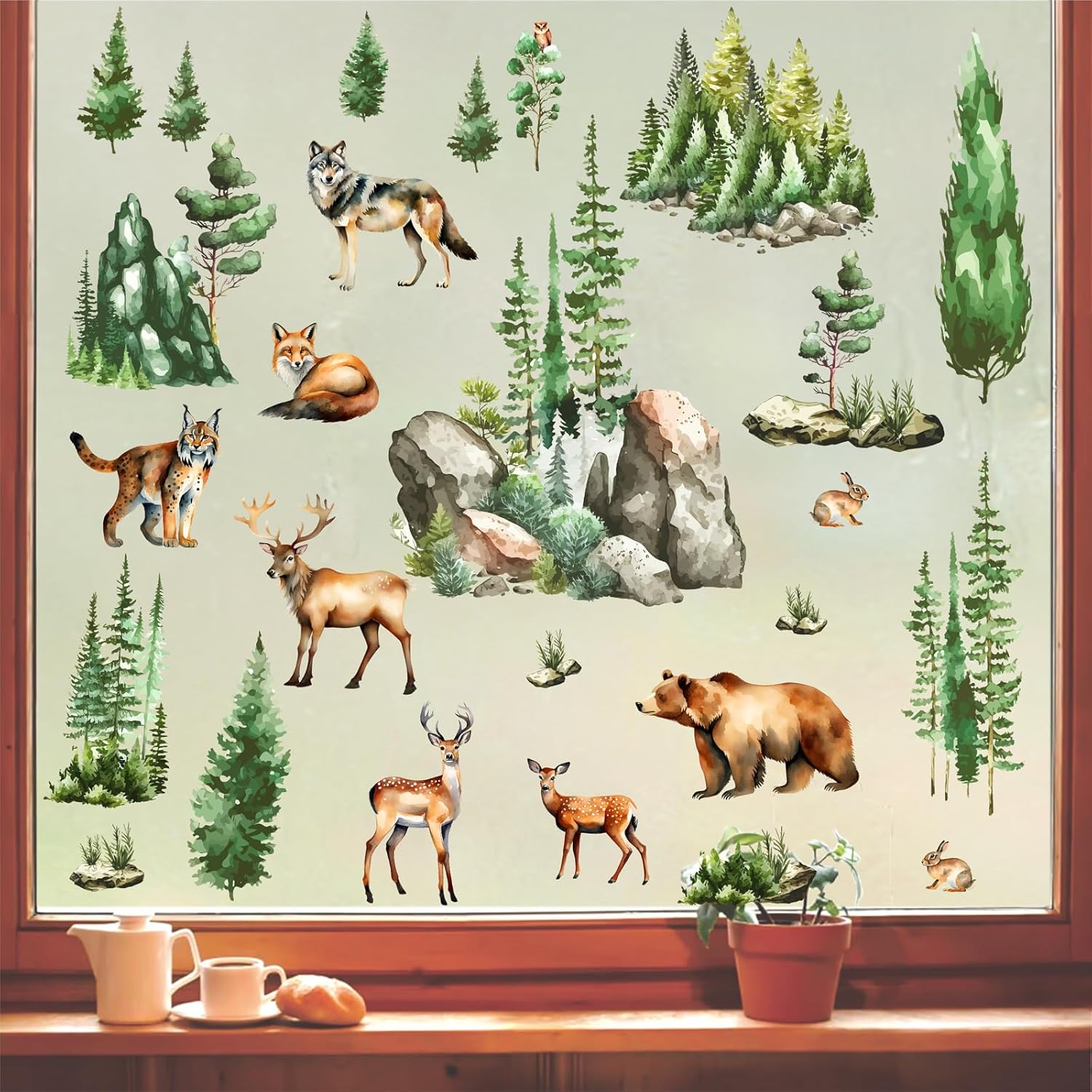 Woodland Animal Window Stickers with Green Pine Tree and Mountain Scenes