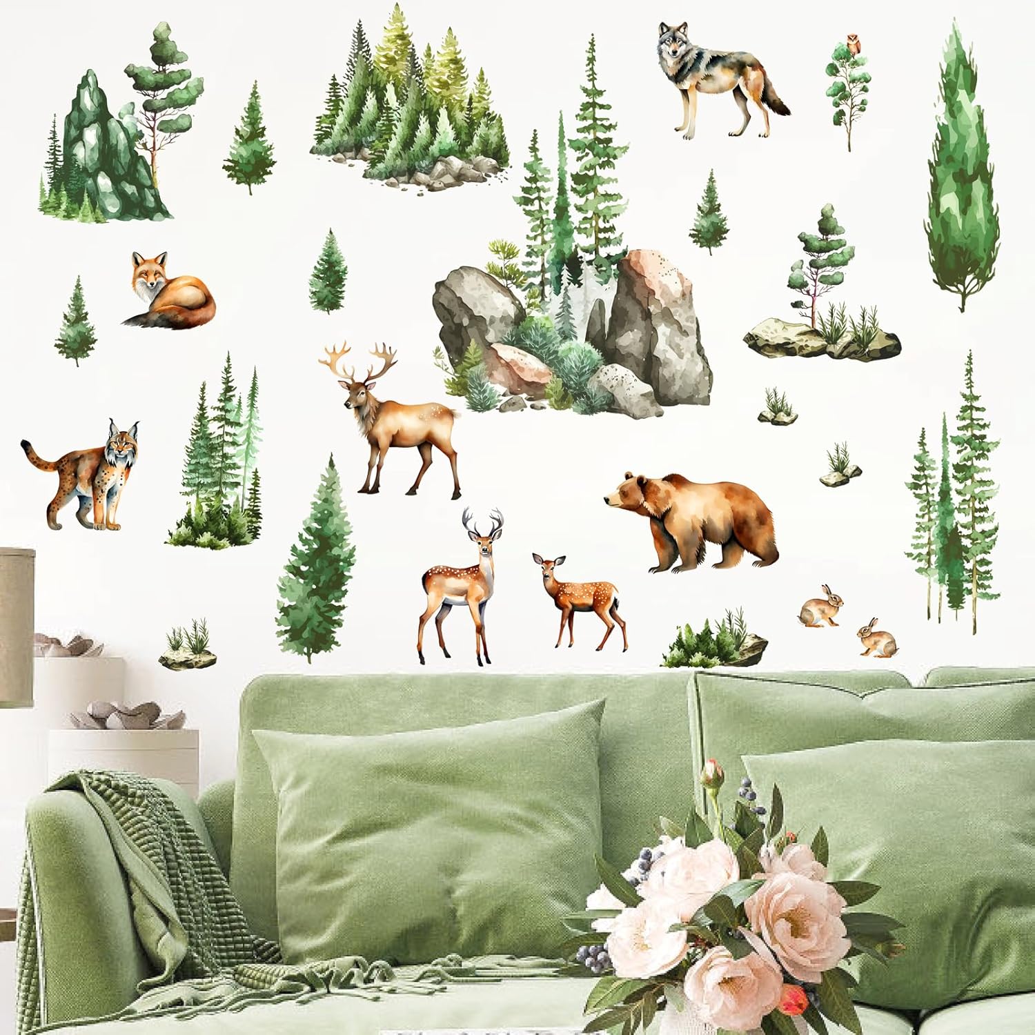 Woodland Animal Window Stickers with Green Pine Tree and Mountain Scenes