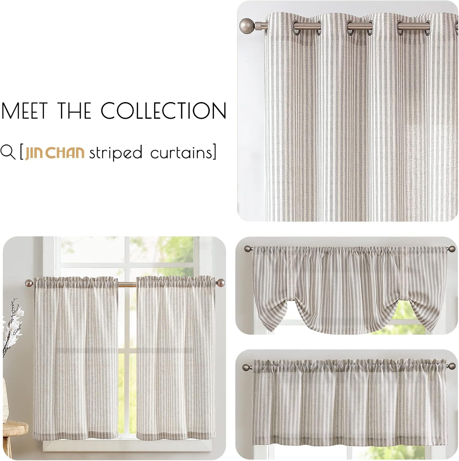 Jinchan Tie Top Linen Kitchen Curtains 2 Panels Taupe Grey