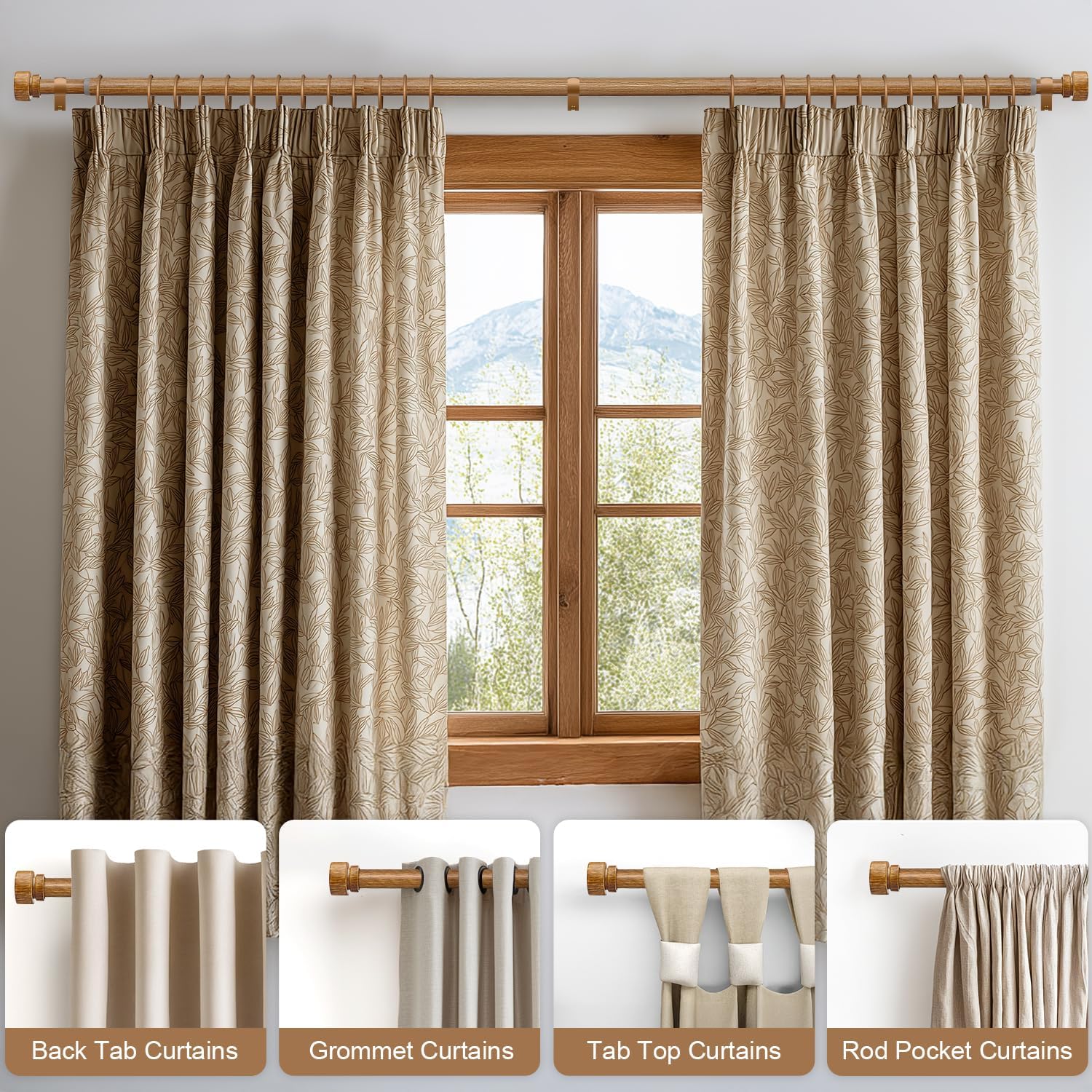 2 Pack Wood Curtain Rods for Windows 28 to 48 Inches
