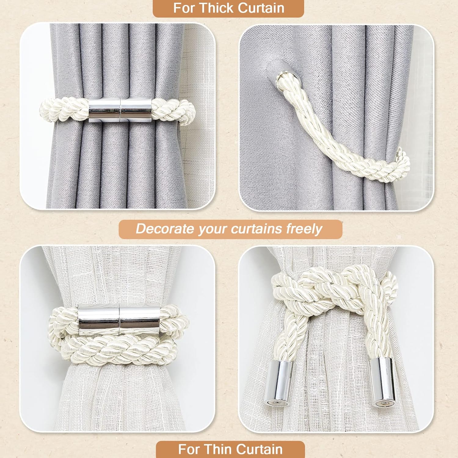 NICEEC 6 Pack Magnetic Curtain Holdbacks Creamy-White