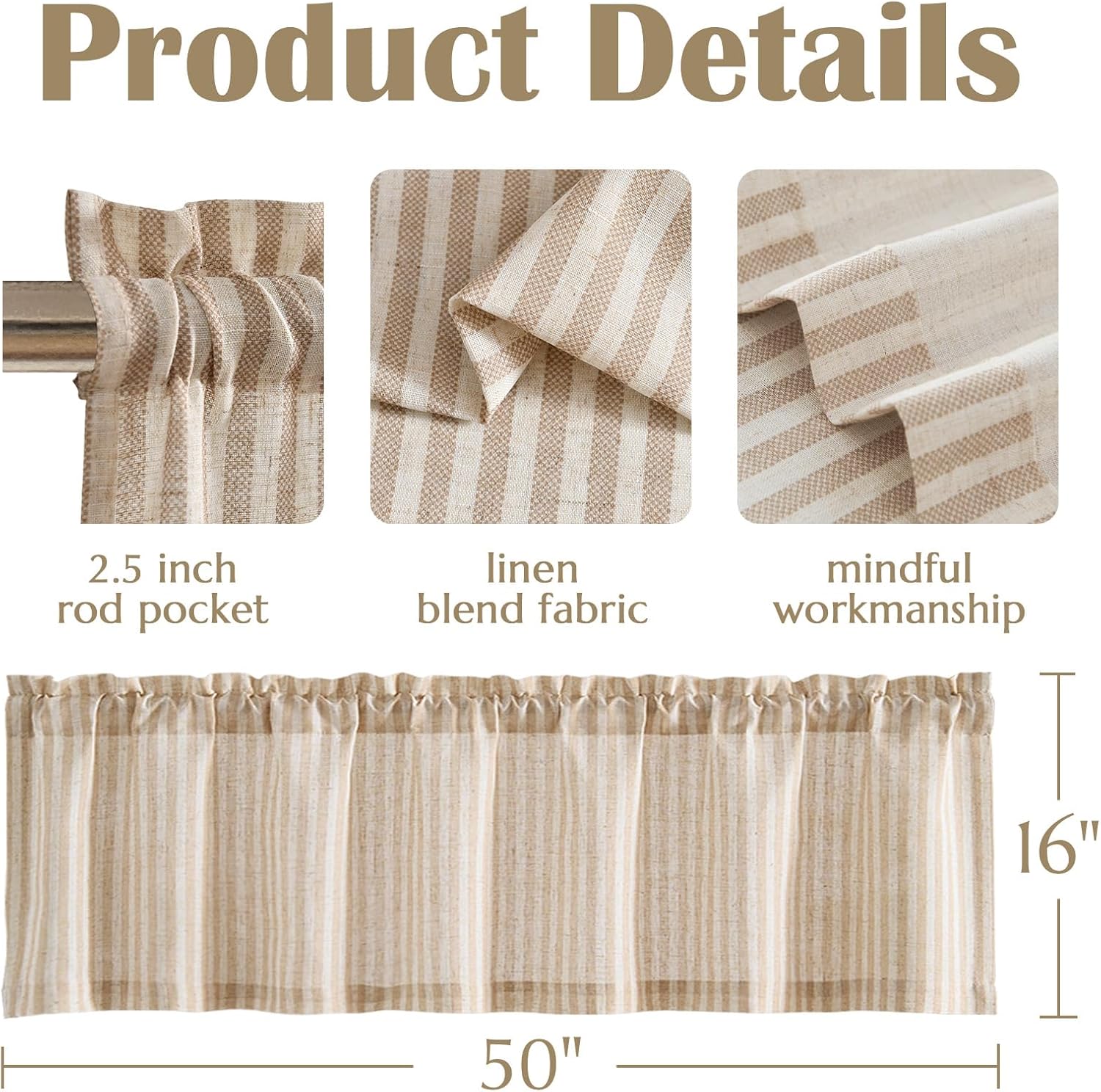 Jinchan Linen Valance Curtain 16 Inch Tan on Beige 1 Panel