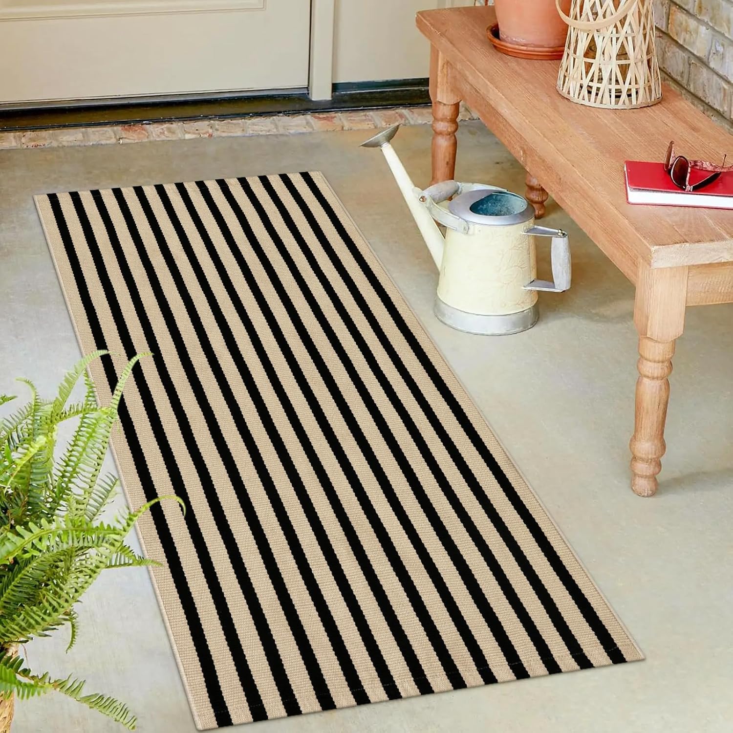 OJIA 24x51 Black and Tan Striped Front Door Rug