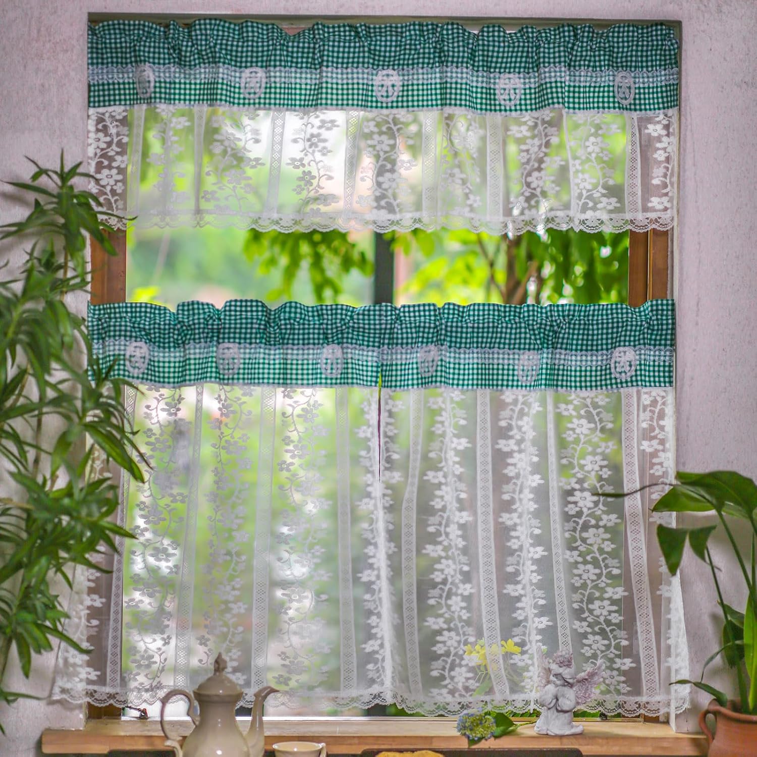 ARTMAGIC Tier Curtain Set 3pcs Sage Green Plaid Valance